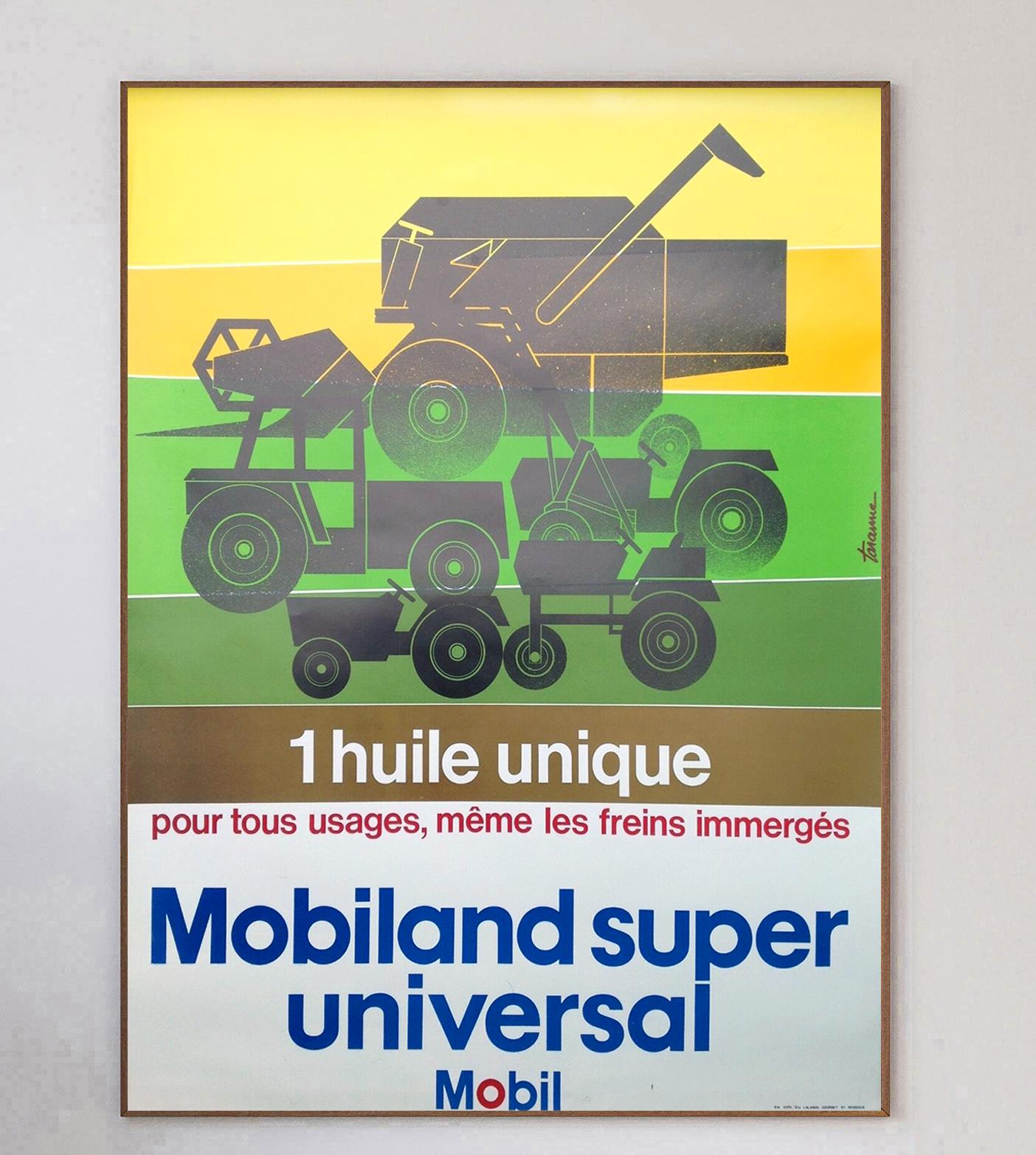 Beautiful mid century design by Taranne for Mobil depicting a selection of agricultural vehicles across colourful farmland. Mobil was founded in 1911 following the ruling to split John D. Rockerfeller's Standard Oil up in to separate entities and is