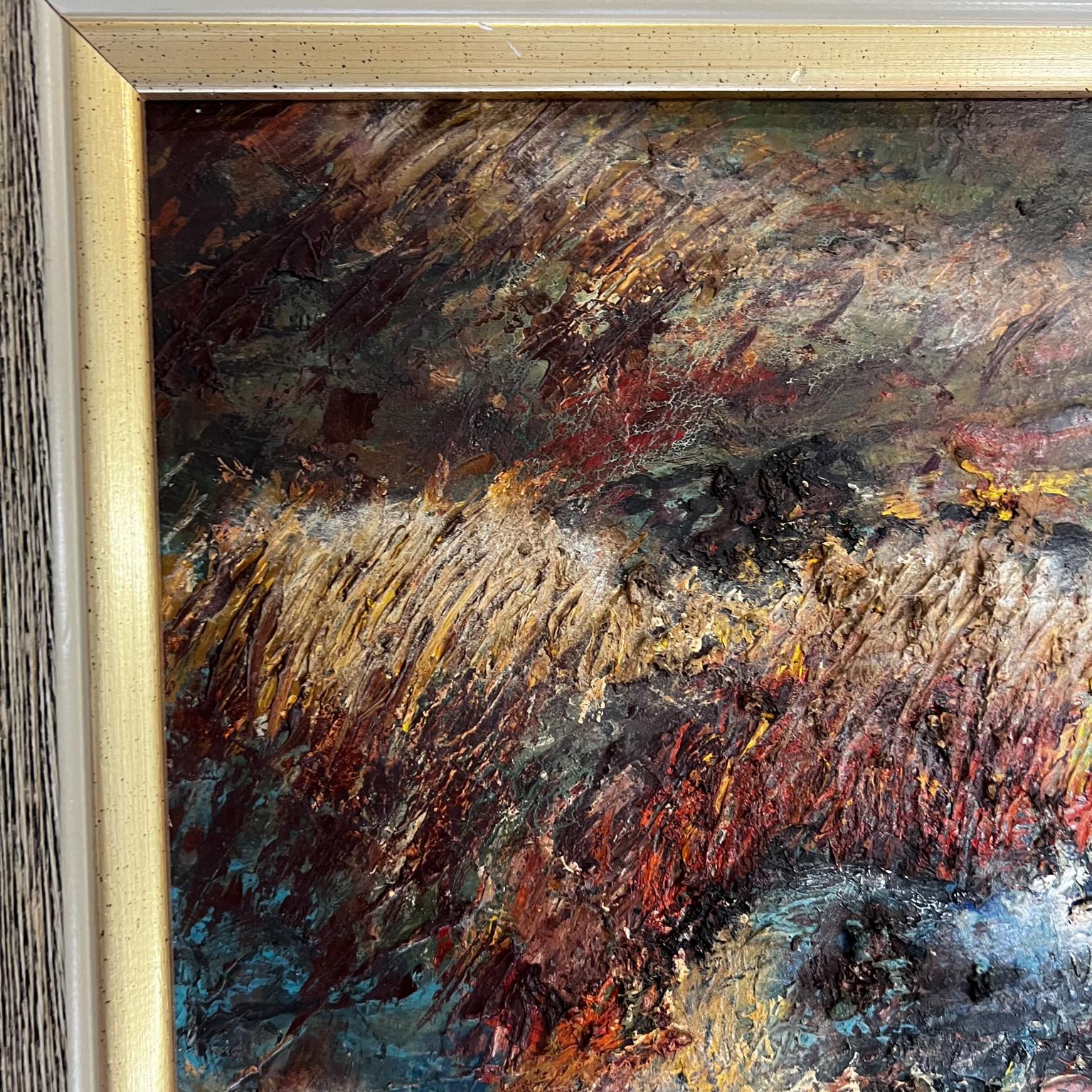 American 1962 Modern Abstract Art Textured Oil Painting Signed Beulcke Oak Frame