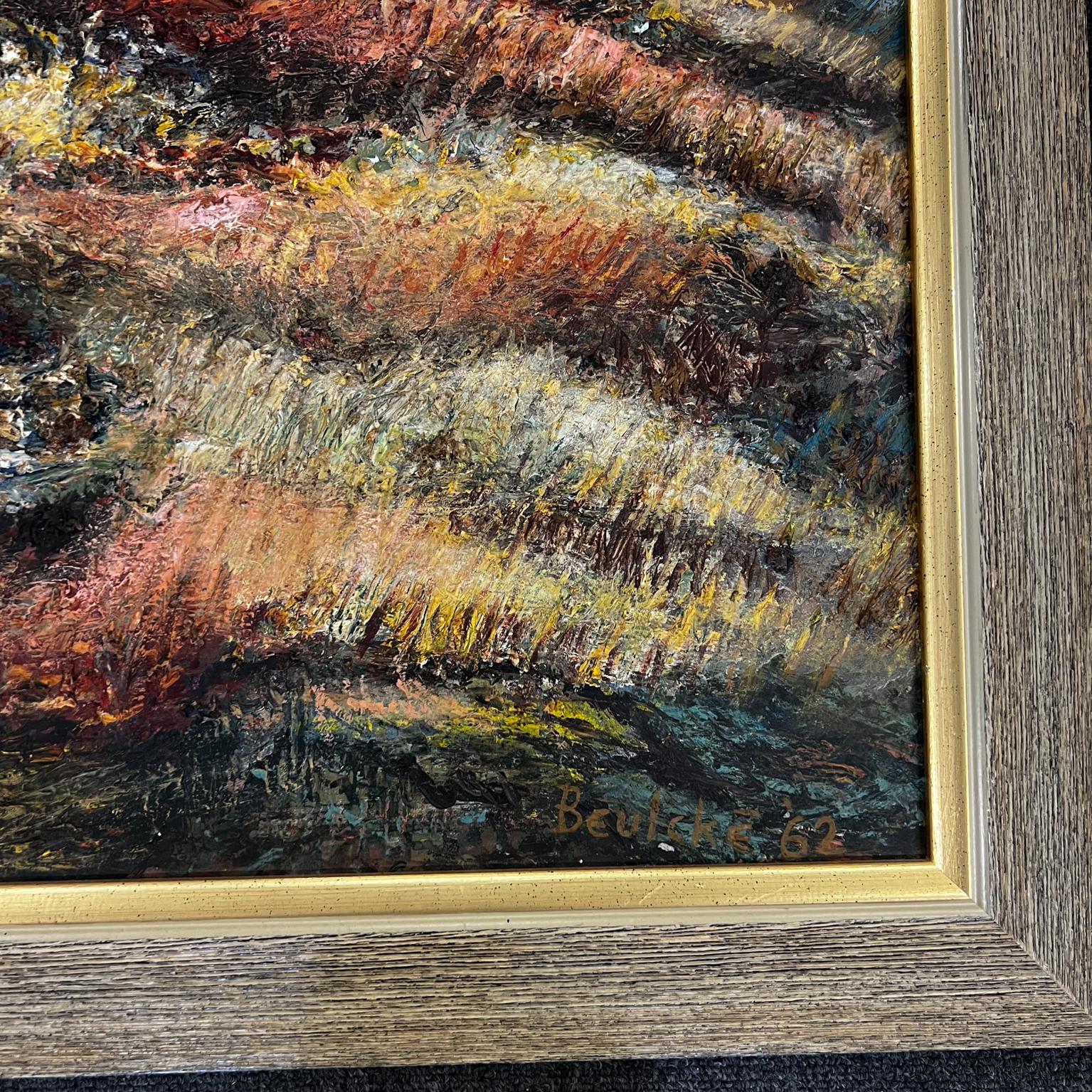 1962 Modern Abstract Art Textured Oil Painting Signed Beulcke Oak Frame 2
