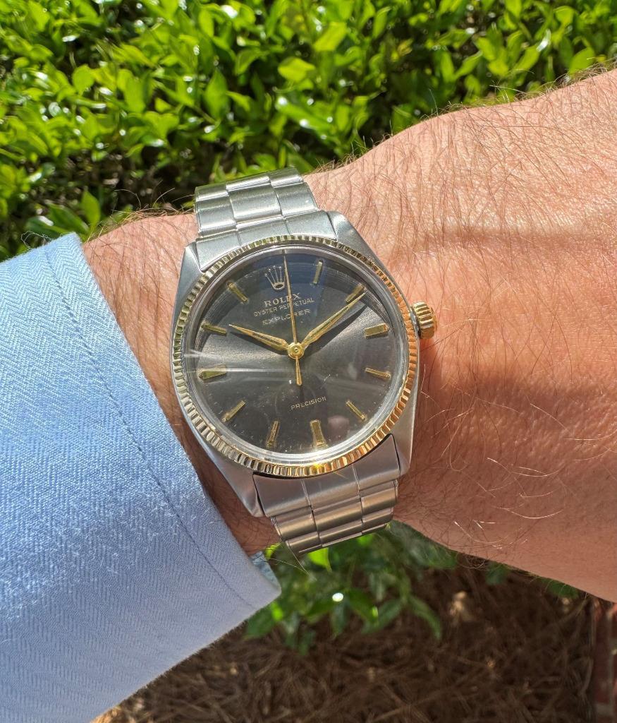 1962 Rolex Explorer Ref. 5501 Vintage Herrenuhr - Edelstahl & 14K Gold im Angebot 8