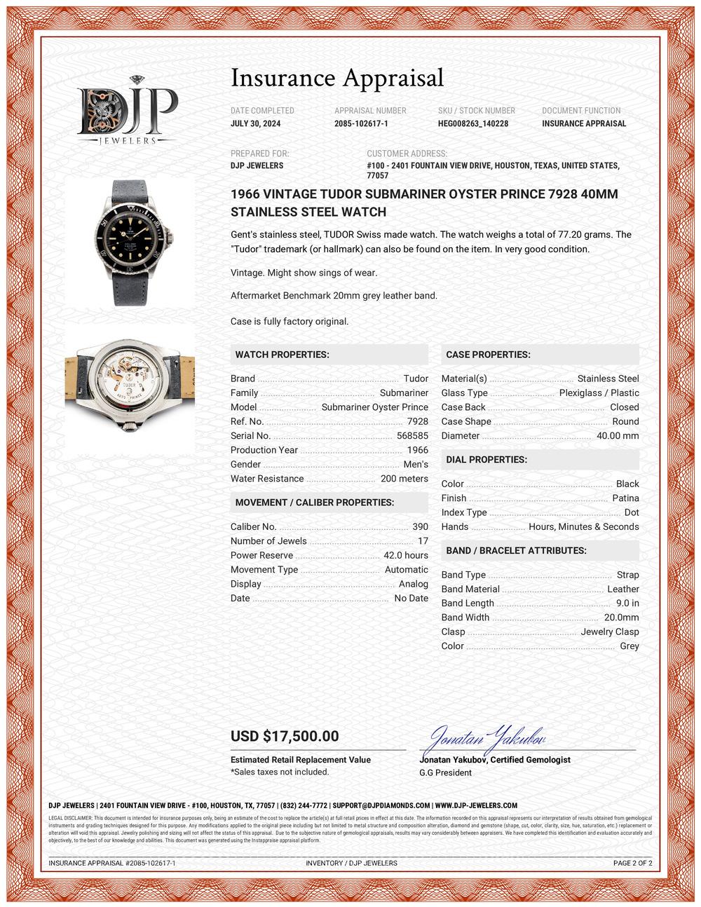 1966 Vintage Tudor Submariner Oyster Pricne 7928 40MM Patina Dial Men's Watch en vente 4