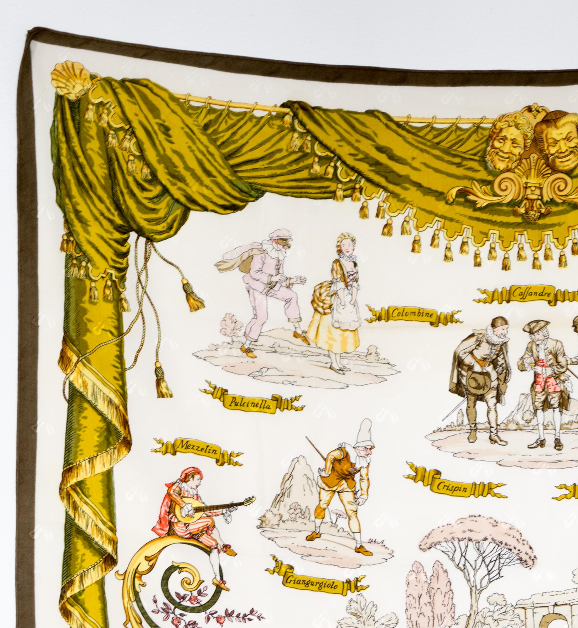 Hermes silk twill scarf titled La Comédie Italienne designed by Philippe Ledoux in 1962, predominantly beige and ochre, featuring a jacquard ground with music instruments, a dark kaki border and a Hermès signature. 
In good vintage condition. Made