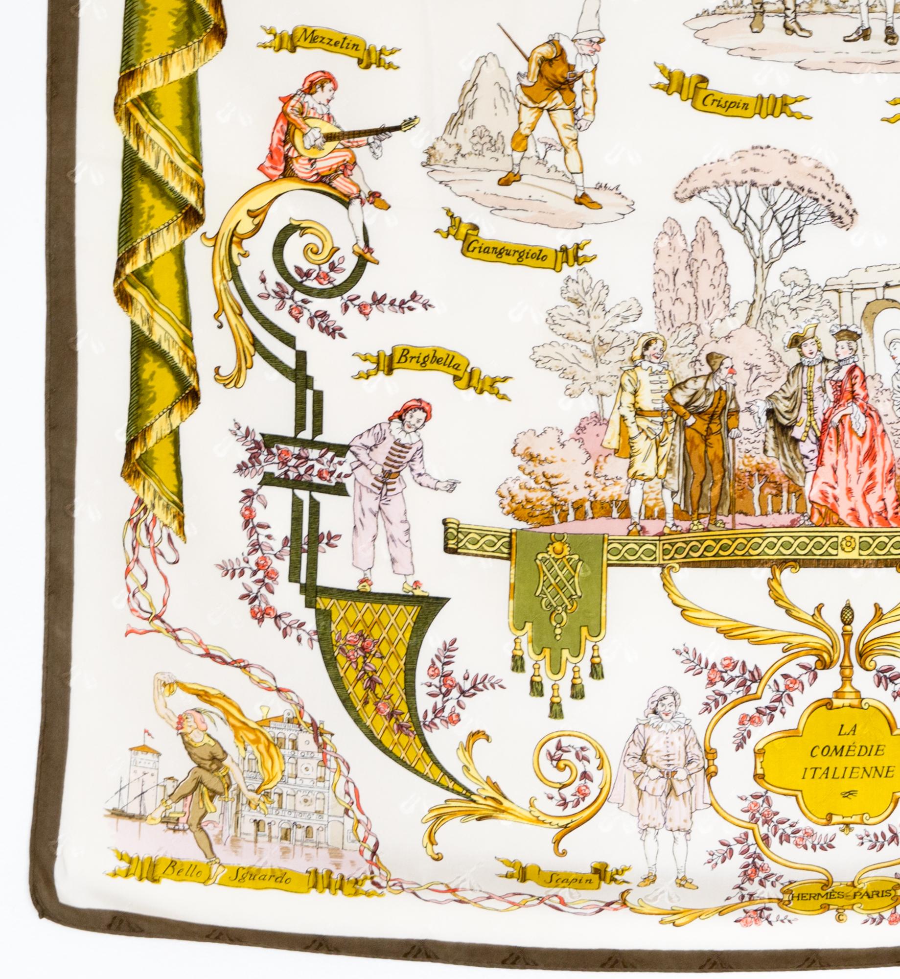 1962s Hermes La Comedie Italienne by Ledoux Silk Scarf In Good Condition In Paris, FR