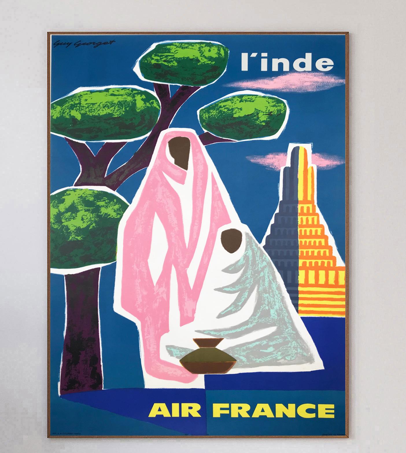 Dieses Plakat, das von dem französischen Künstler Guy Georget gestaltet wurde, der an vielen Air-France-Plakaten der damaligen Zeit mitgewirkt hat, wirbt für die Routen der Fluggesellschaft nach Indien und wurde 1963 erstellt. Air France wurde 1933