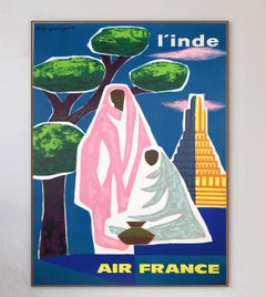 Affiche vintage originale d'Air France, Inde, 1963