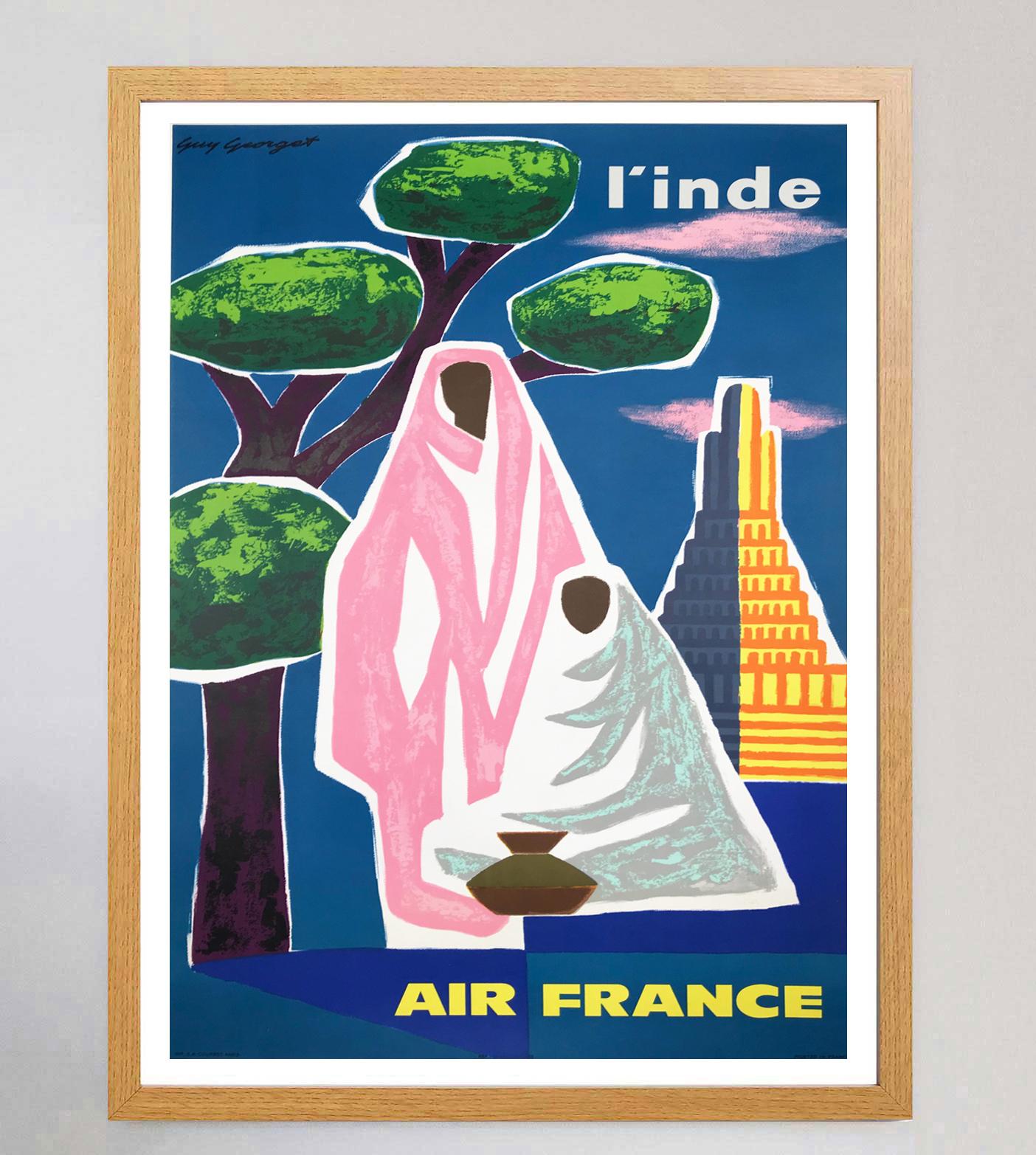 Mid-Century Modern Affiche vintage originale d'Air France, Inde, 1963 en vente