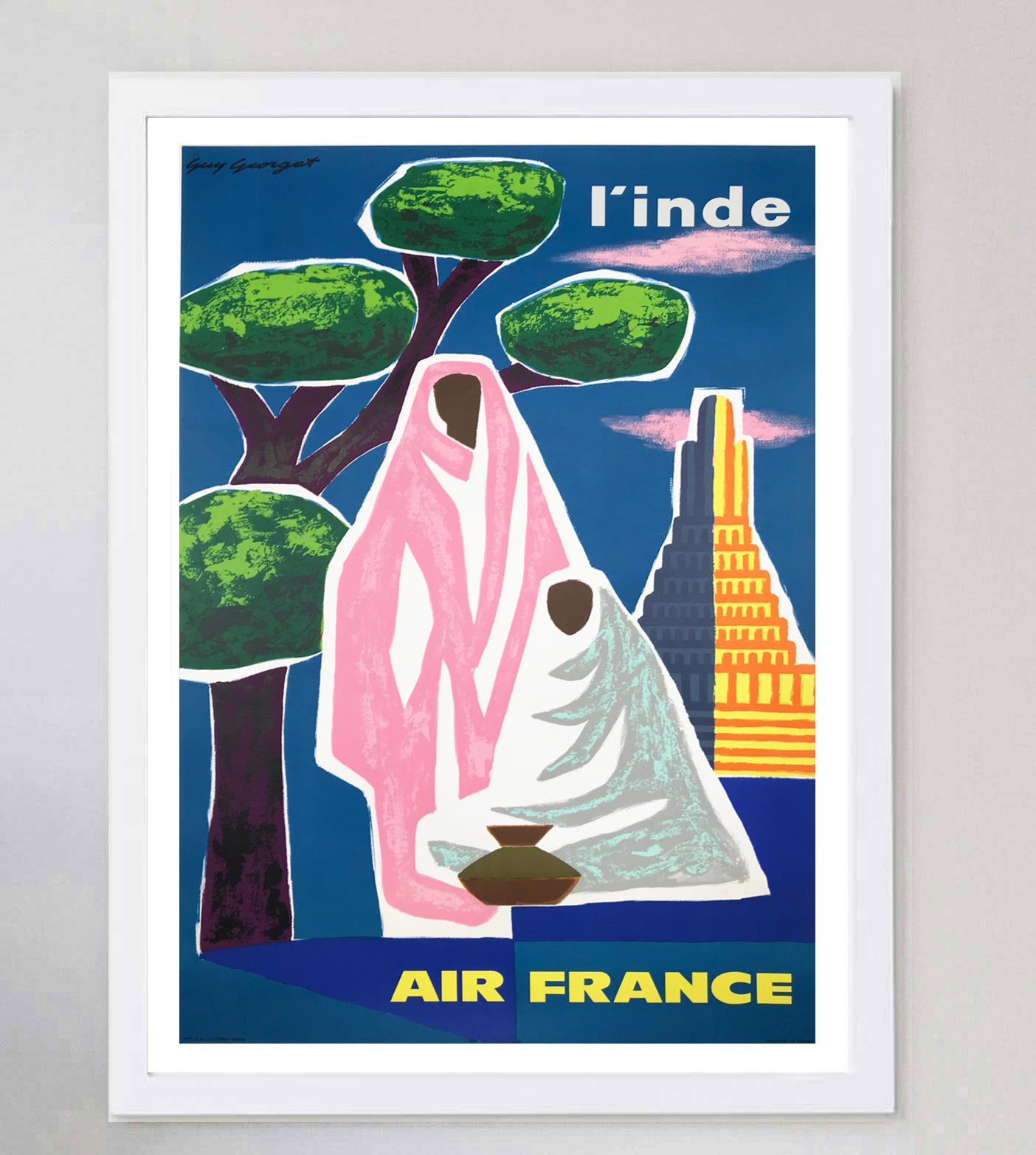 Français Affiche vintage originale d'Air France, Inde, 1963 en vente