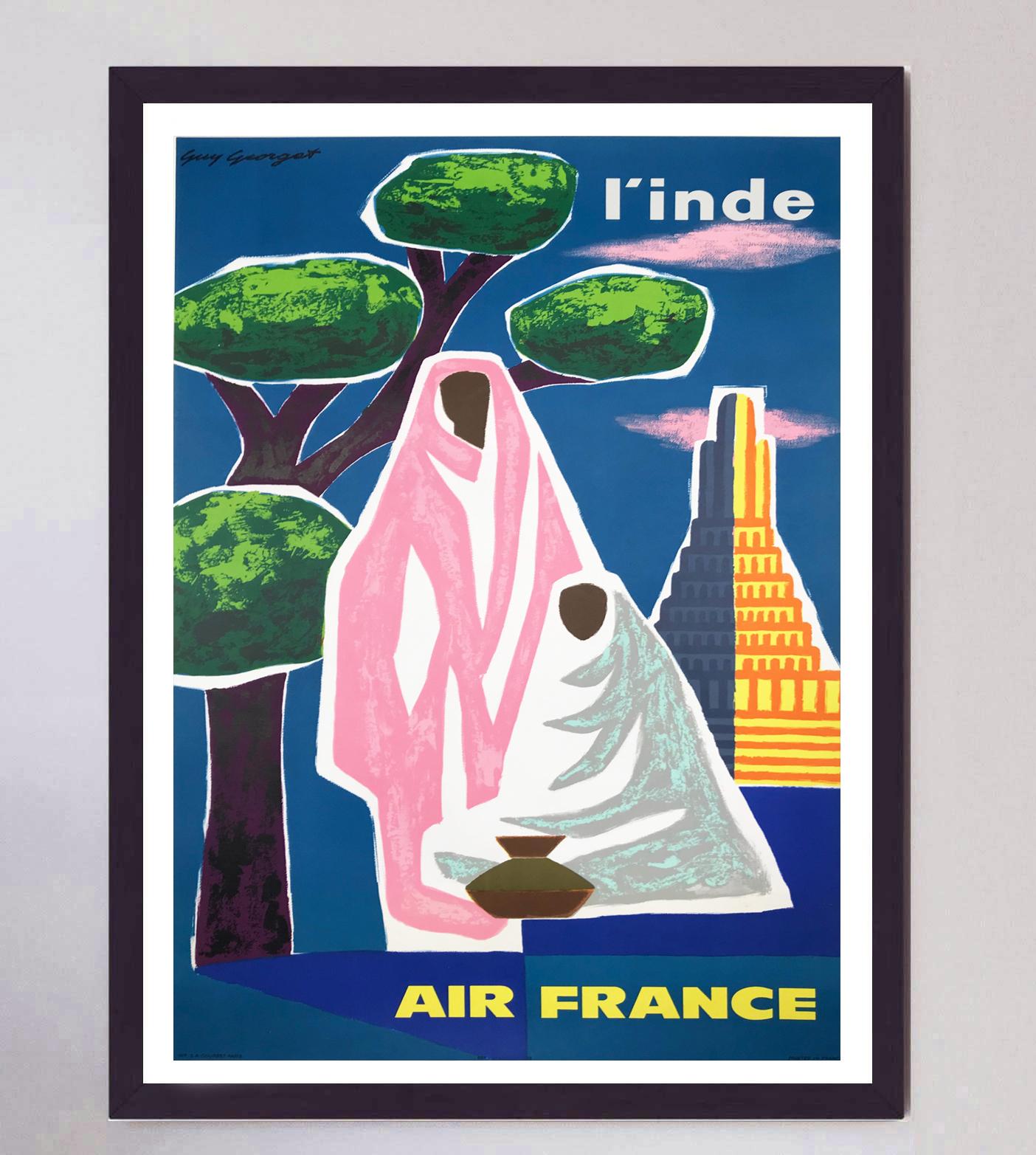 Mid-Century Modern 1963 Air France, India Original Vintage Poster For Sale