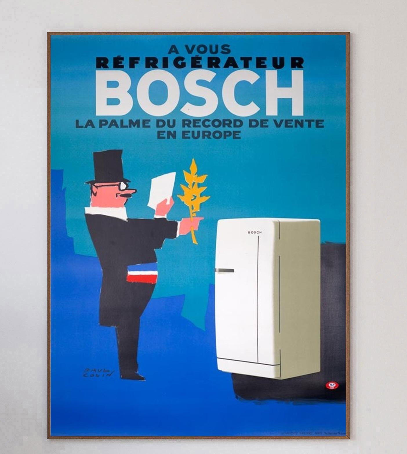 Wunderschönes Art-Déco-Plakat von 1963 für die deutsche Elektronikmarke Bosch. Das Plakat wirbt für die neue Kühlschrankserie des Unternehmens mit der Aufschrift 