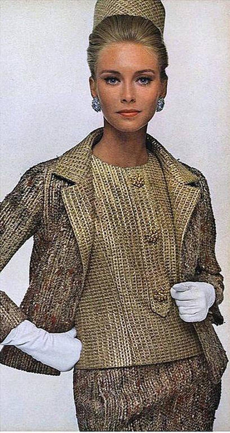 1963 Christian Dior MetallicGold Lamé and Textured Wool Documented Dress Suit For Sale at 1stdibs