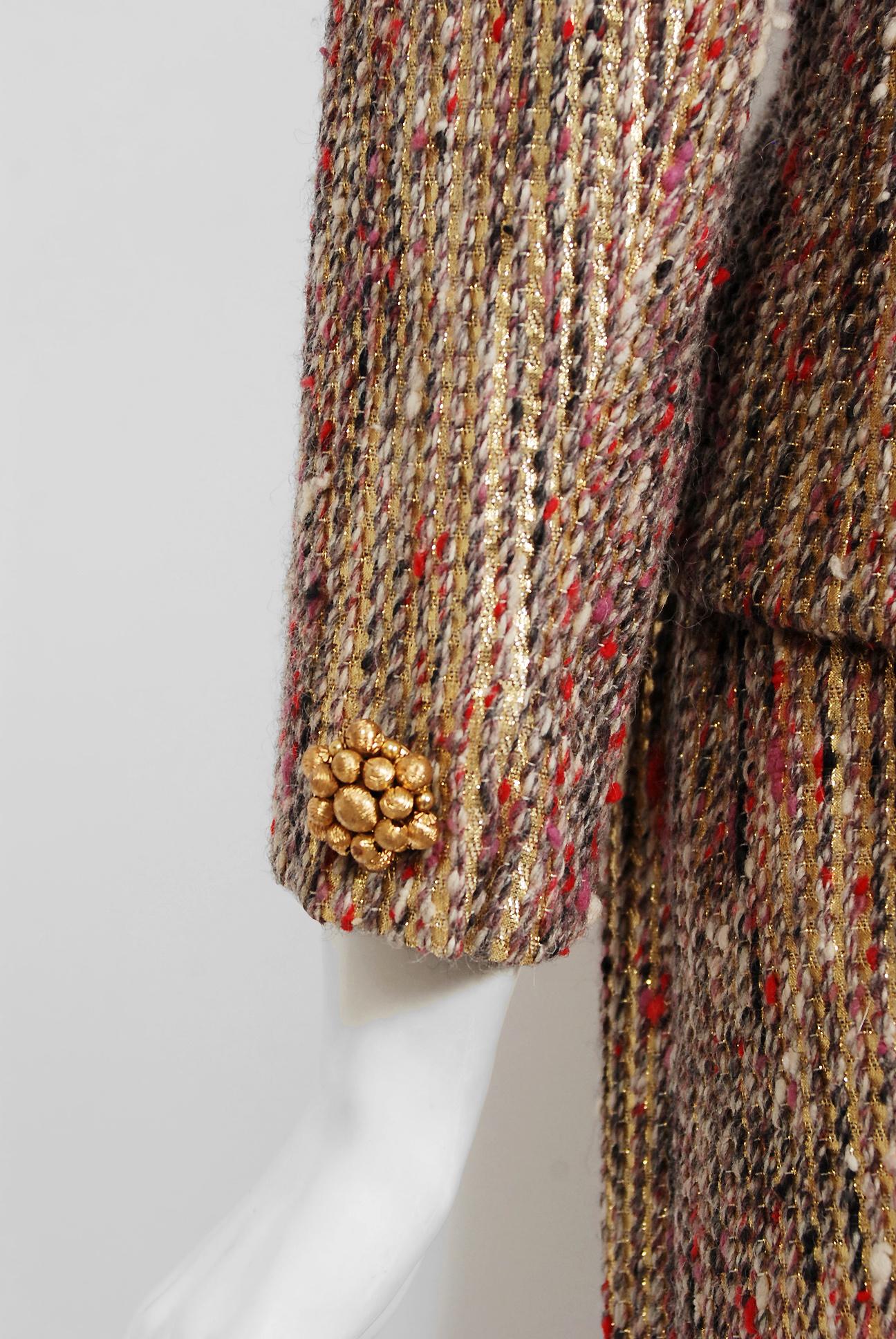 Vintage 1963 Christian Dior Gold Lamé & Texturierte Wolle Dokumentiert Kleid Anzug Damen