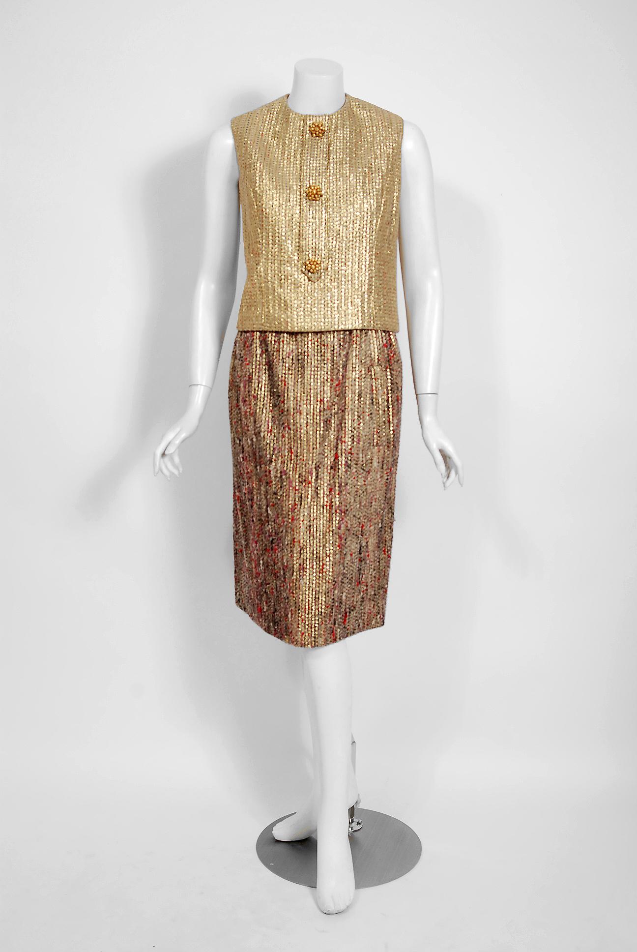 Vintage 1963 Christian Dior Gold Lamé & Texturierte Wolle Dokumentiert Kleid Anzug 1