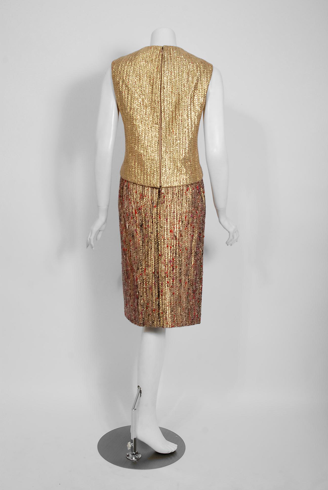 Vintage 1963 Christian Dior Gold Lamé & Textured Wool Documented Dress Suit In Good Condition In Beverly Hills, CA