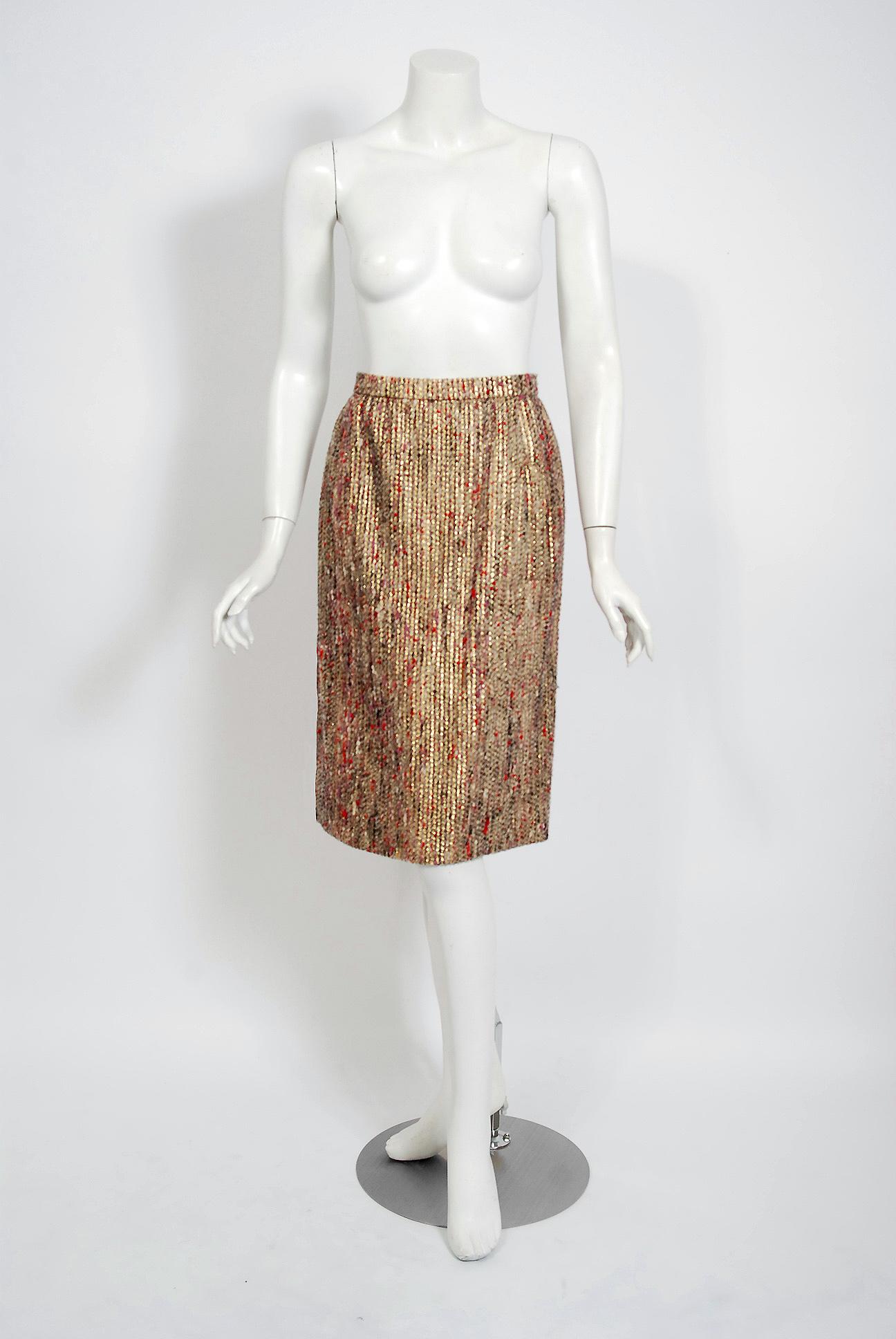 Vintage 1963 Christian Dior Gold Lamé & Texturierte Wolle Dokumentiert Kleid Anzug 3