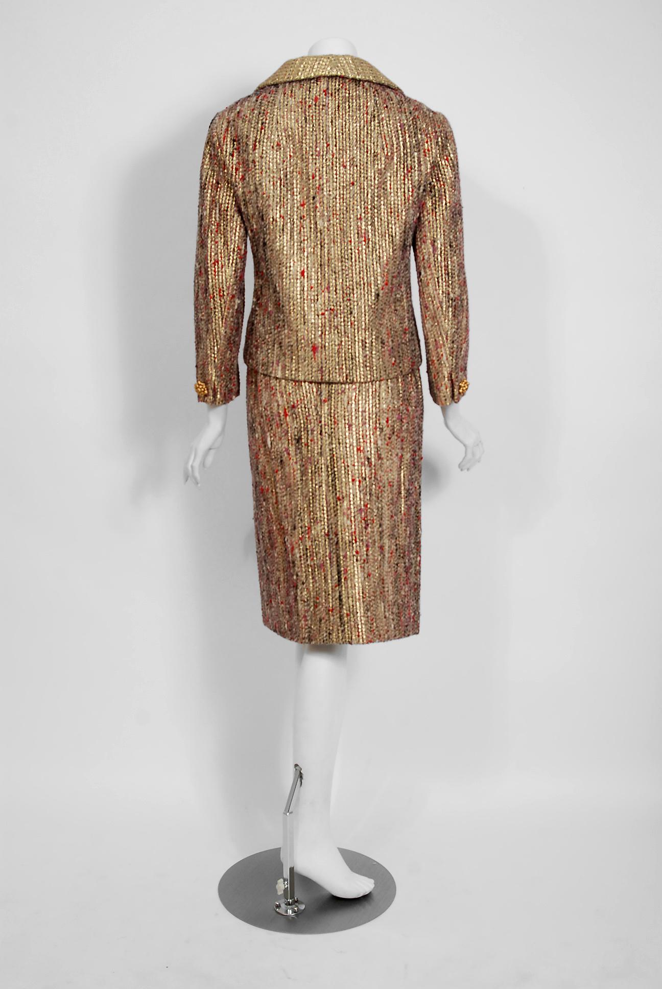 Vintage 1963 Christian Dior Gold Lamé & Texturierte Wolle Dokumentiert Kleid Anzug 4