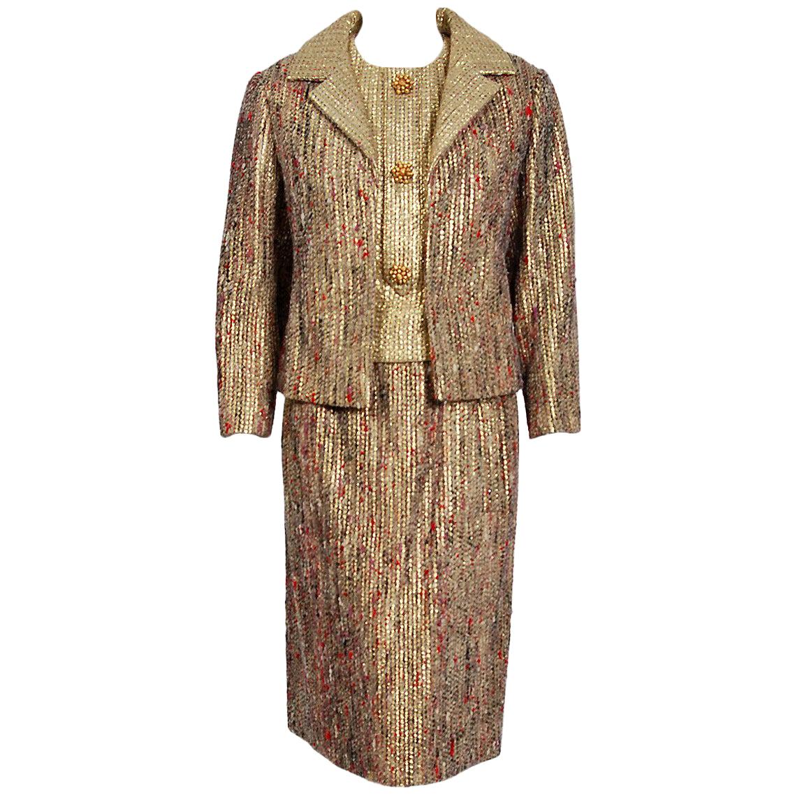 Vintage 1963 Christian Dior Gold Lamé & Texturierte Wolle Dokumentiert Kleid Anzug