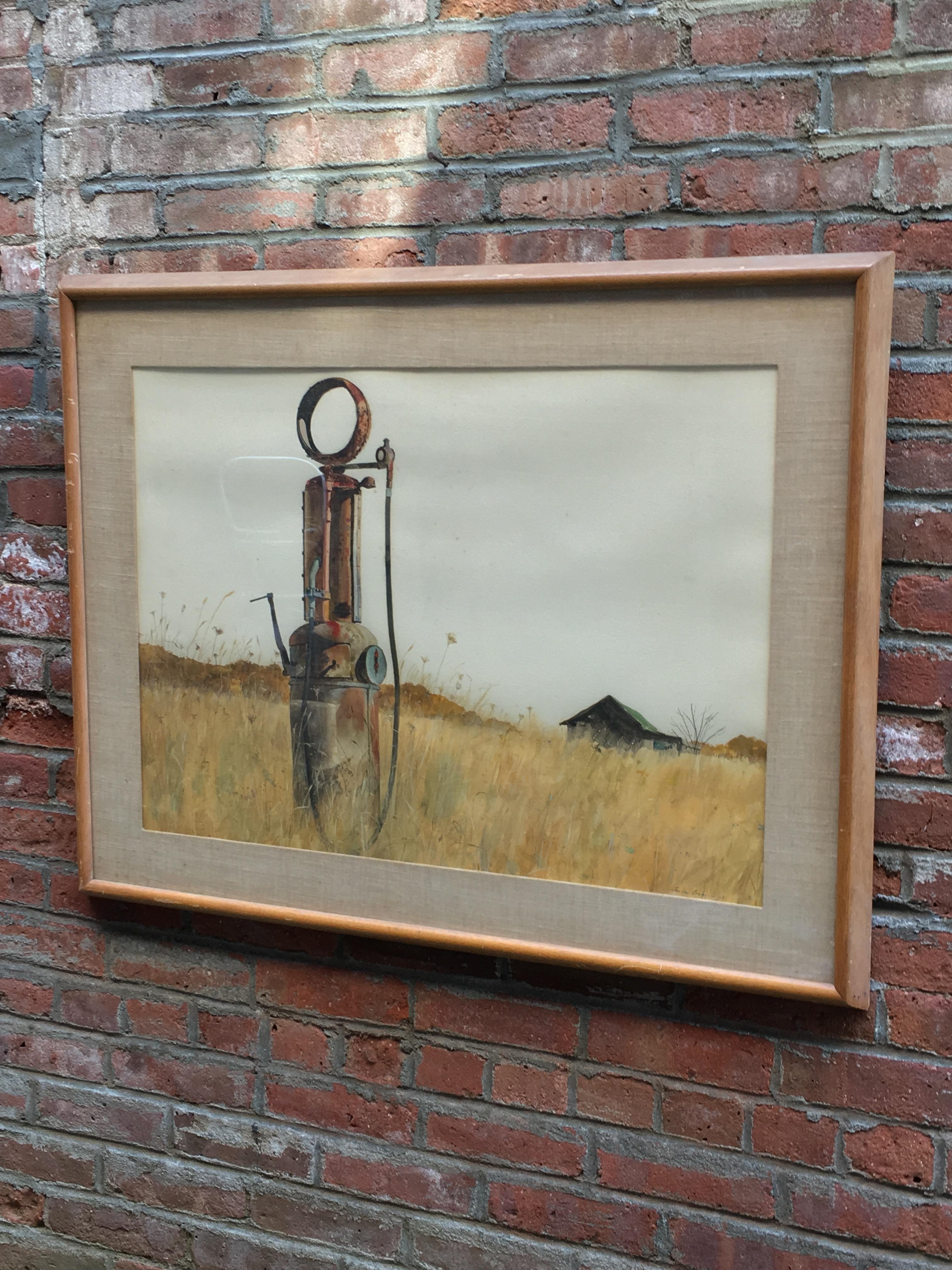 Conlon's work is reminiscent of Andrew Wyeth's regional style of Christina's World and Public Sale. Wonderfully detailed and painted with peaceful clarity. Signed lower right, Eugene Conlon, 63. Watercolor on paper.

The framing treatment consists