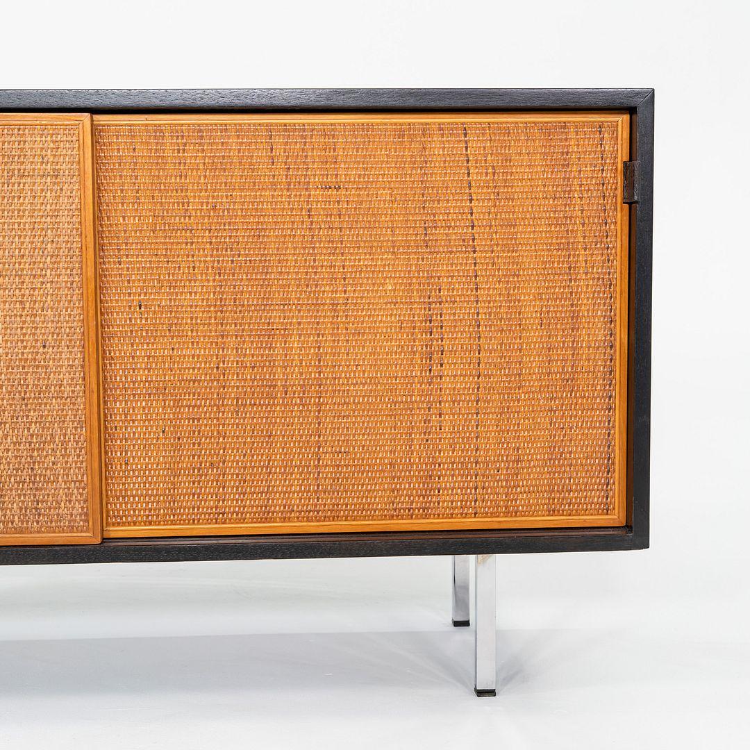 1963 Florence Knoll Ebonized Credenzas with Caned Sliding Doors & Leather Pulls For Sale 3