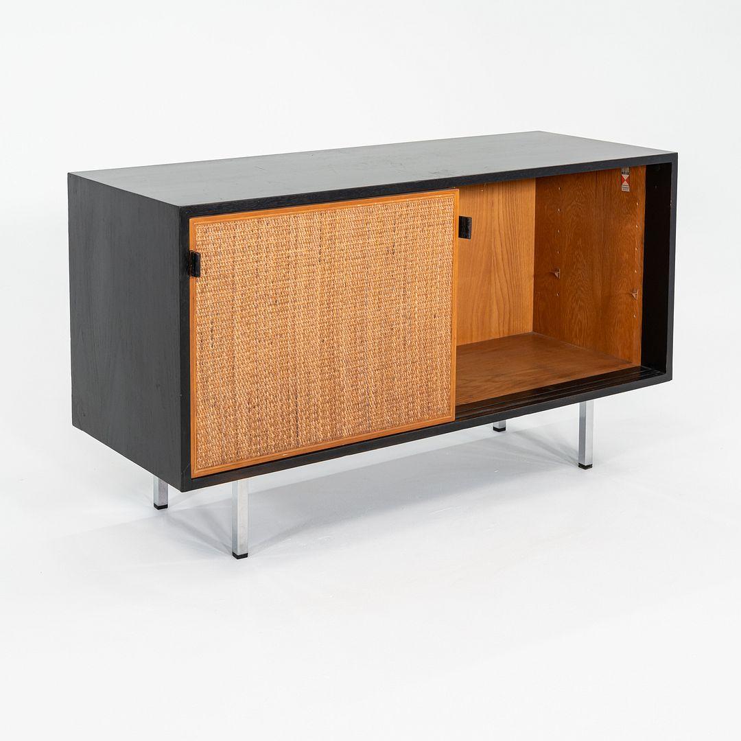 1963 Florence Knoll Ebonized Credenzas with Caned Sliding Doors & Leather Pulls For Sale 4