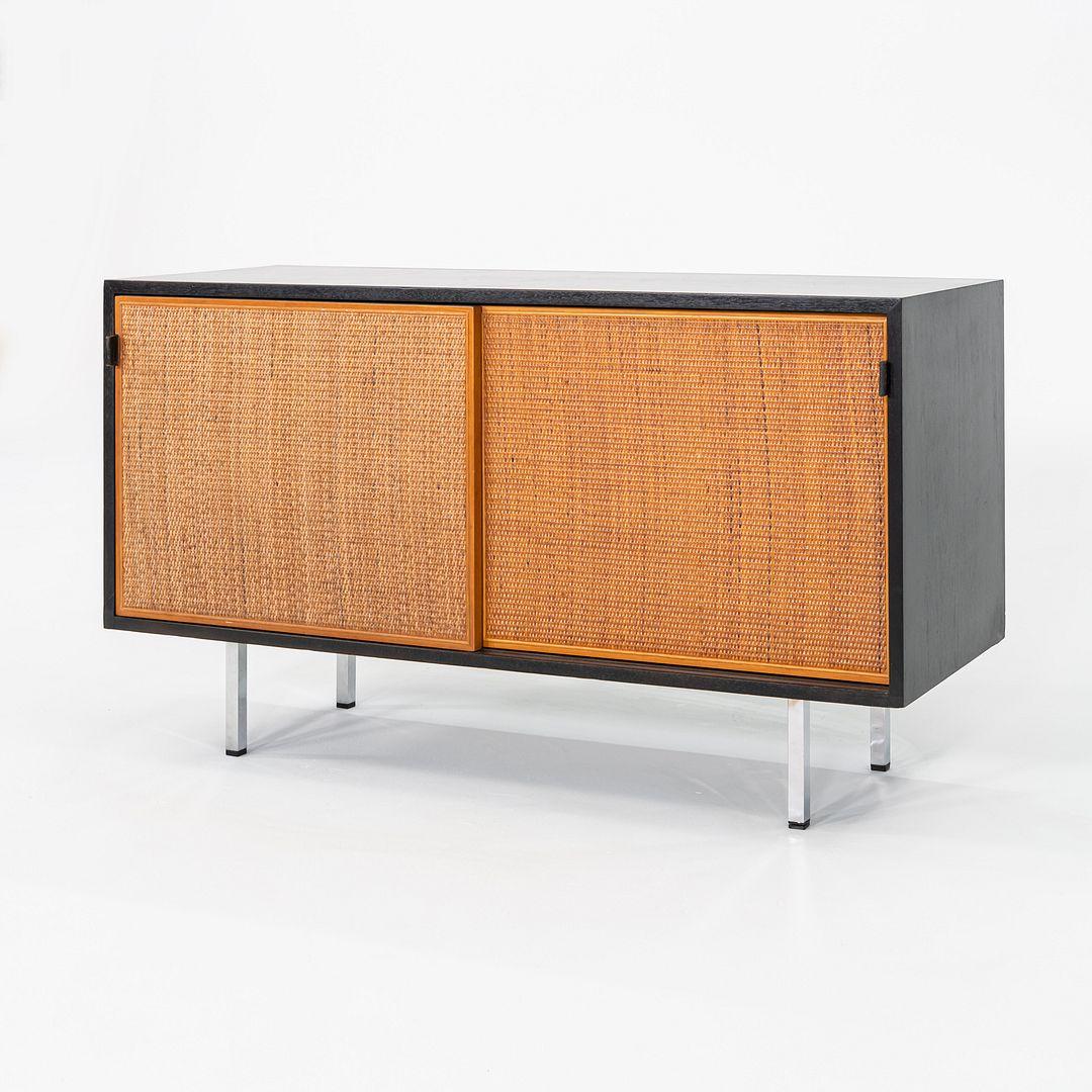 Modern 1963 Florence Knoll Ebonized Credenzas with Caned Sliding Doors & Leather Pulls For Sale