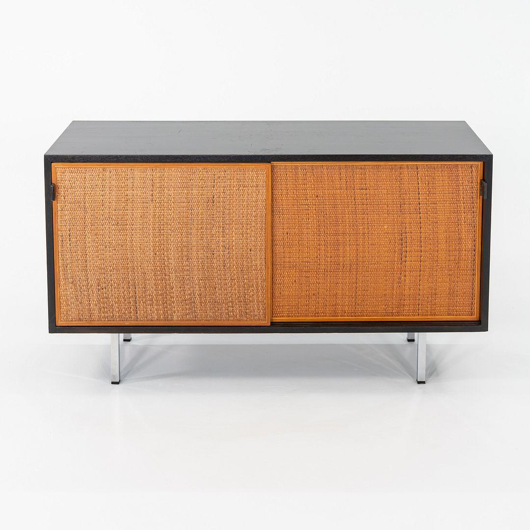 American 1963 Florence Knoll Ebonized Credenzas with Caned Sliding Doors & Leather Pulls For Sale