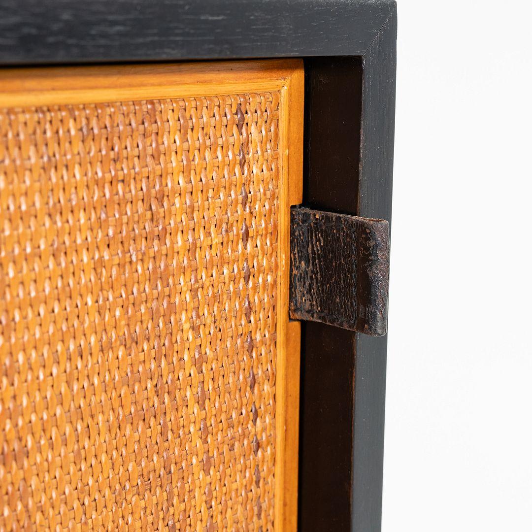 1963 Florence Knoll Ebonized Credenzas with Caned Sliding Doors & Leather Pulls For Sale 2