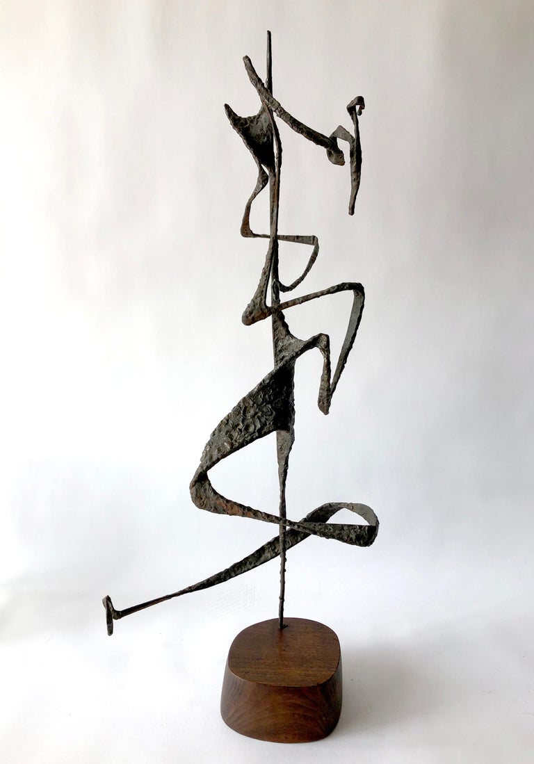 Mid-Century Modern 1963 G. Aron Abstract American Modernist Iron Sculpture on Wood Base For Sale