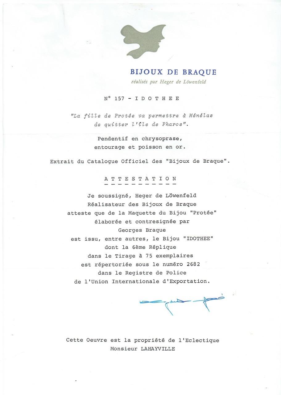 Georges Braque « Idothee », pendentif en or 18 carats et chrysoprase, 1963 Excellent état - En vente à Paris, FR