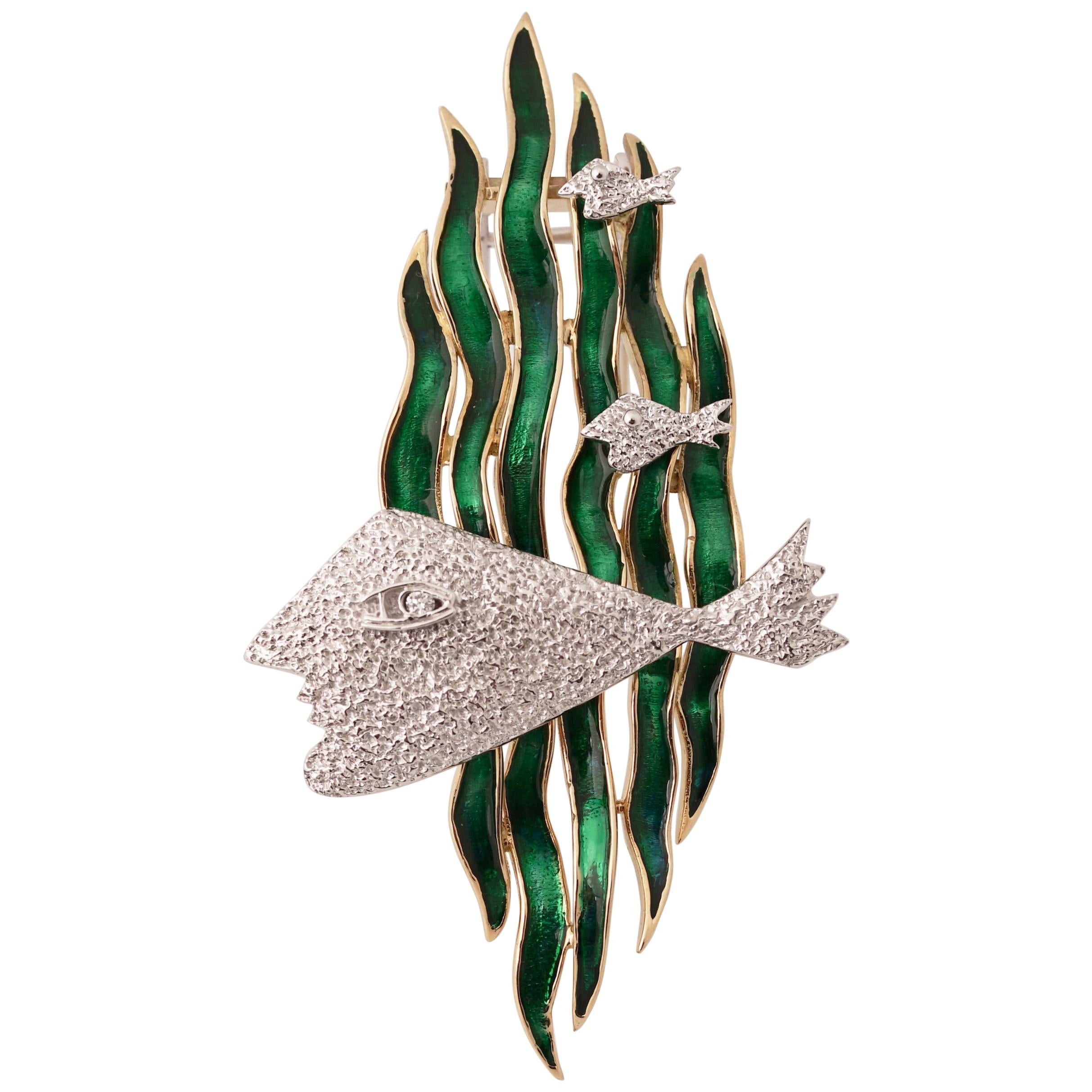 1963 Georges Braque Broche de oro amarillo, blanco y esmalte verde "HEBE"