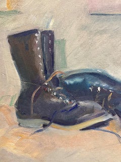 1963 Oil Painting on Board of a pair of Boots Signed Unger