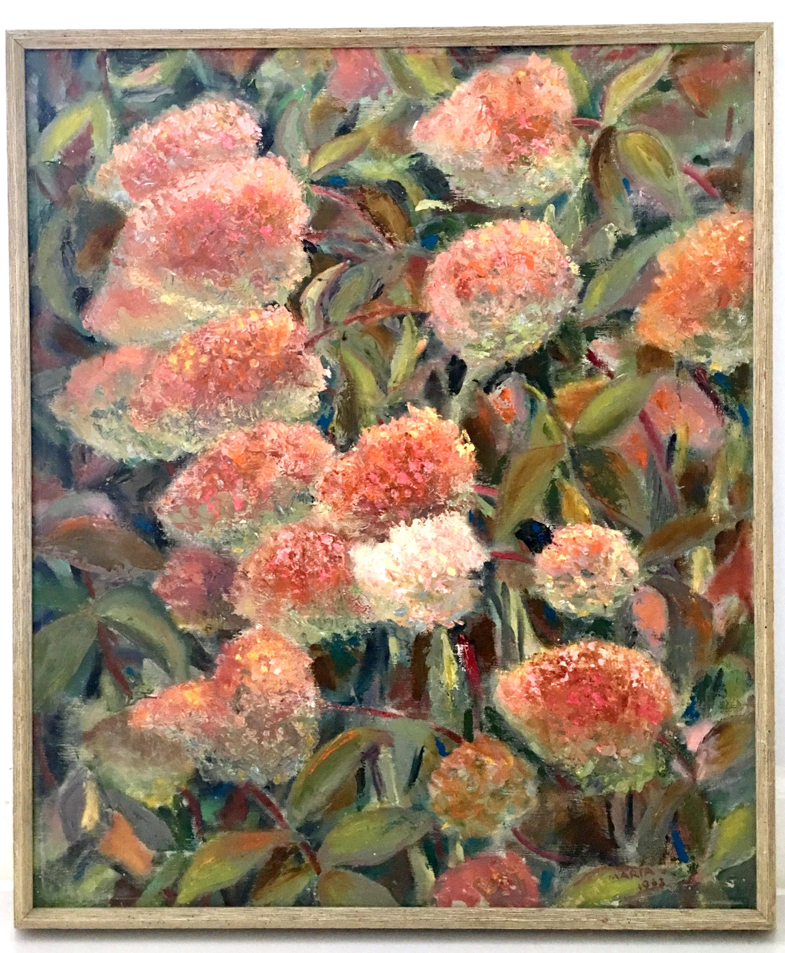 1963 Original oil on canvas painting by, Maria Gerstman. This lovely and textured floral motif painting features a color palette of shades of pink and green with vivid contrasting jewel tone colors, which add incredible depth. Signed by the artist