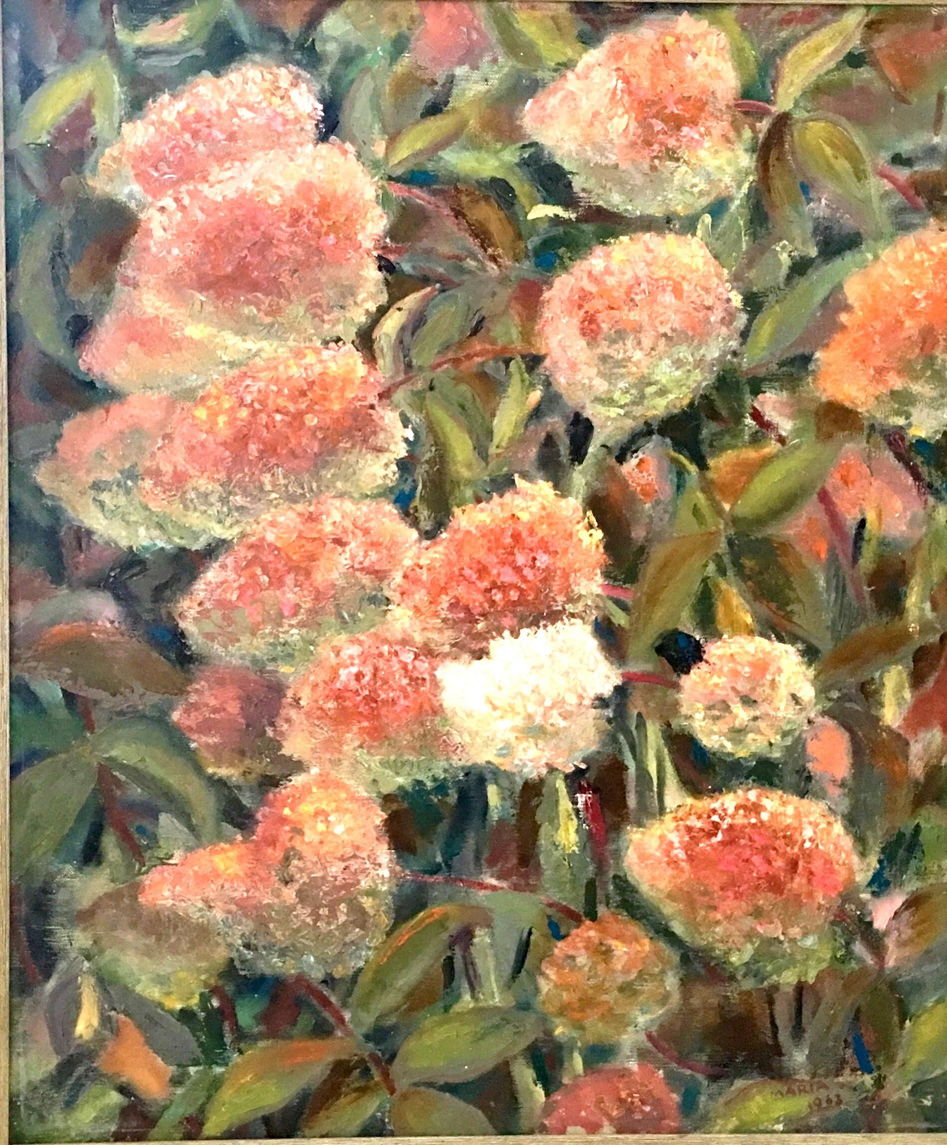 1963 original oil on canvas painting by, Maria Gerstman. This lovely and textured floral motif painting features a color palette of shades of pink and green with vivid contrasting jewel tone colors, which add incredible depth. Signed by the artist