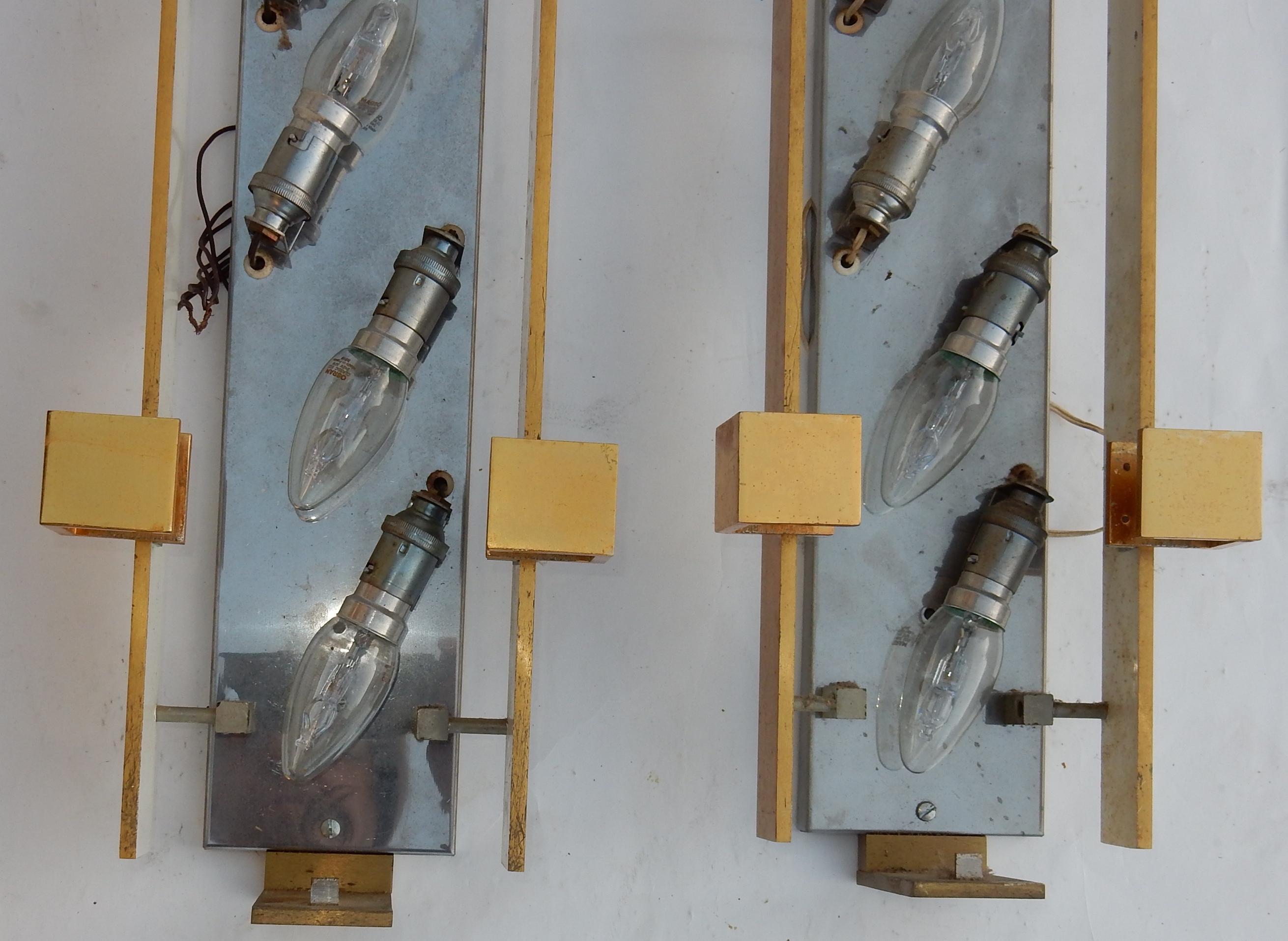 French 1963 Pair Dallux Sconces Attributed to Serge Mouille Brass Glass St Gobain For Sale