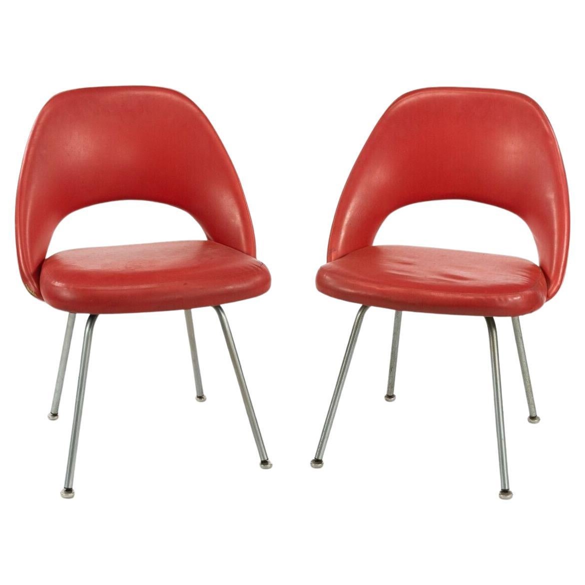 1963 Pair of Eero Saarinen for Knoll Red Vinyl Armless Executive Dining Chairs