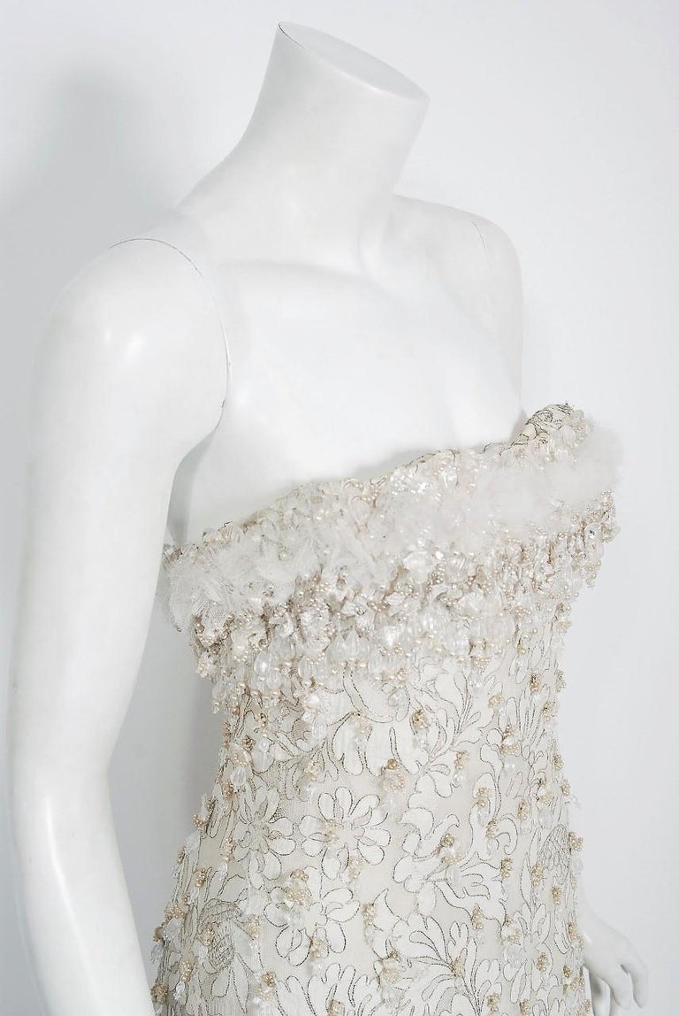 Vintage 1965 Pierre Balmain Couture Ivory Beaded Lace Strapless Bridal