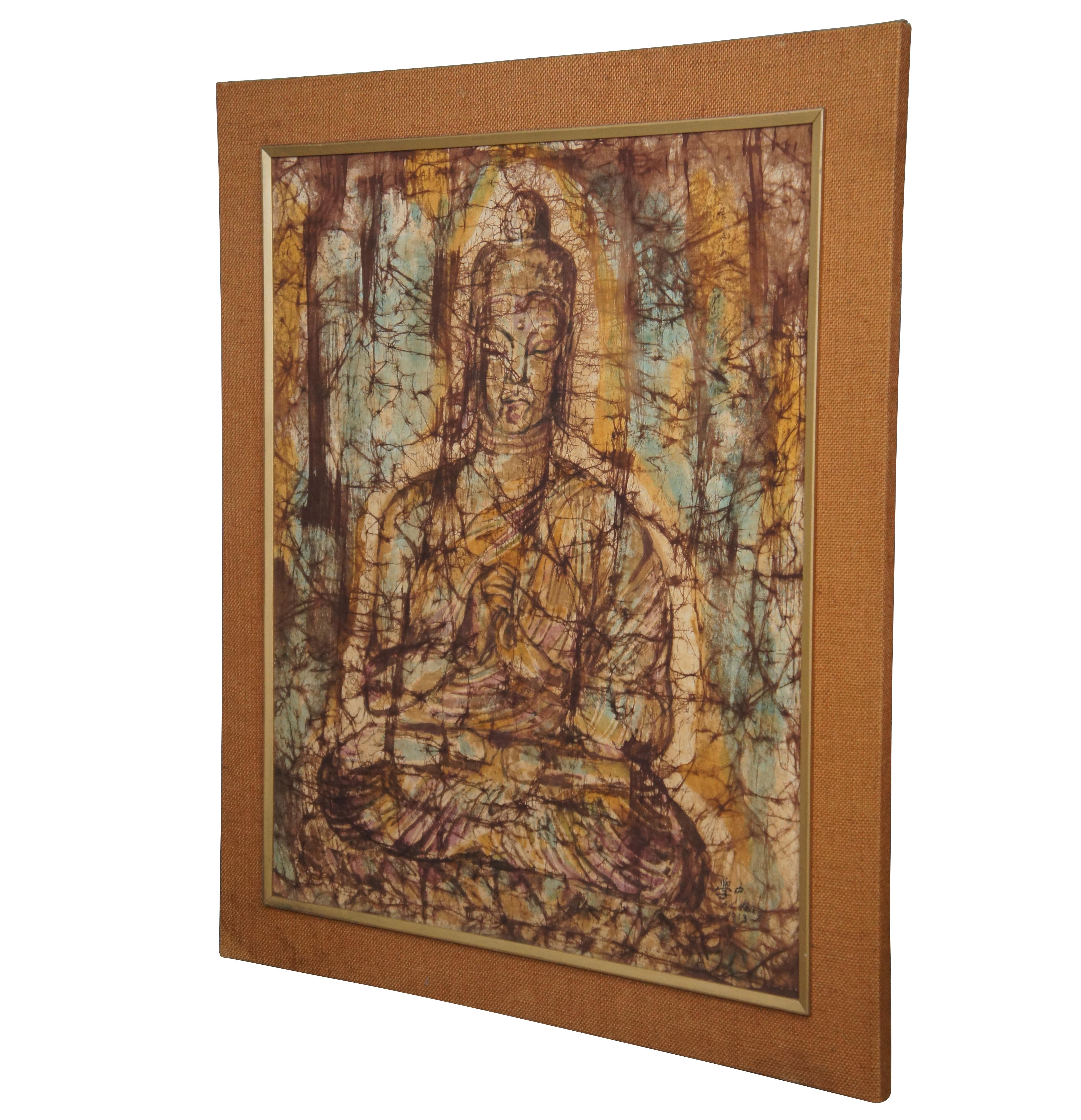 Midcentury painting on silk of a Sitting Buddha in turquoise, orange, pink and brown. Fukazen & Co and Magic Touch Art Gallery. Signed and dated 1963 in the lower left. Frame finished in rust orange burlap.

Measures: 34.5” x 1” x 41” / Sans Frame