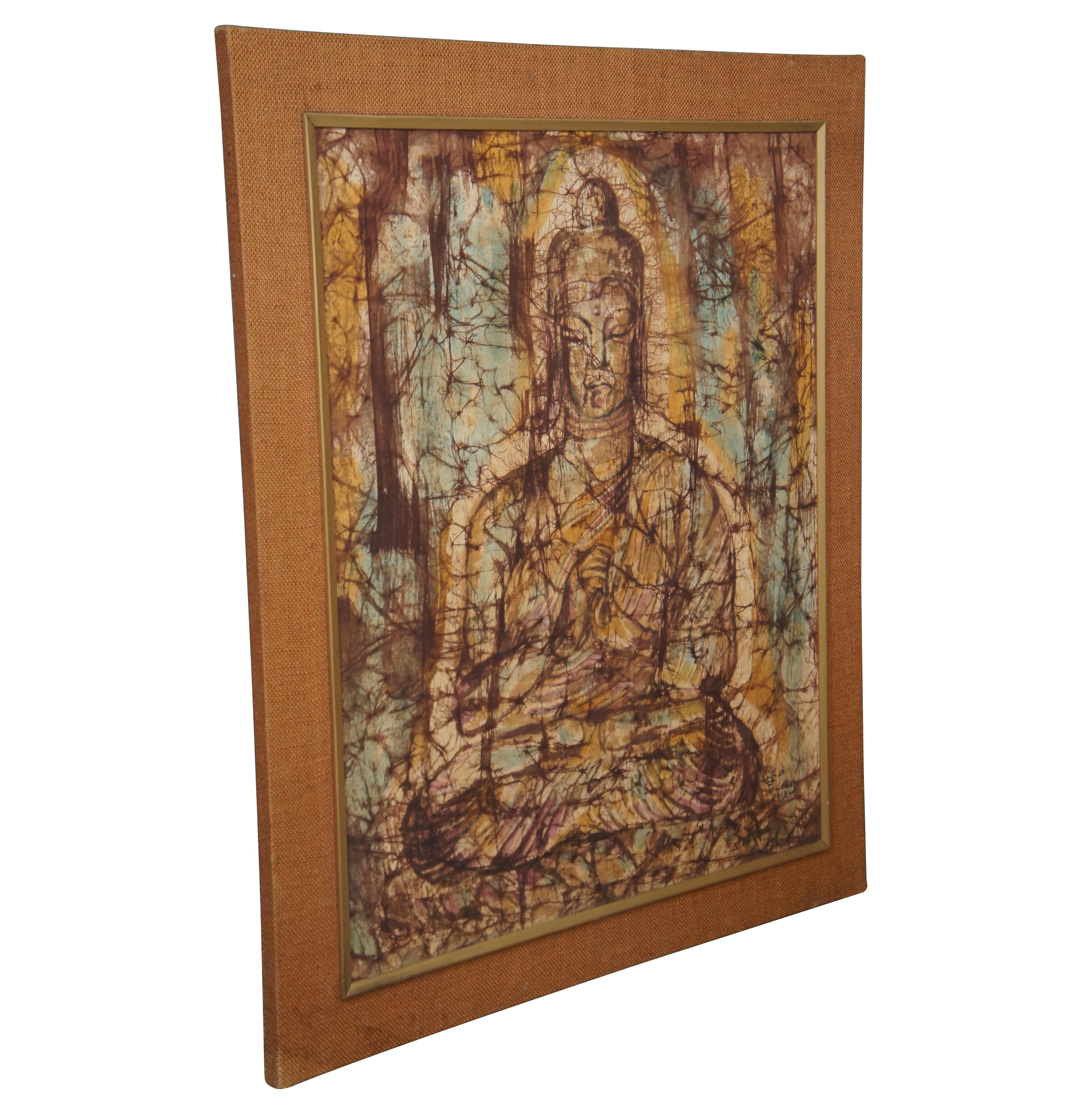Mid-Century Modern 1963 Sitting Buddha Painting on Silk Burlap Frame Fukazen & Co For Sale