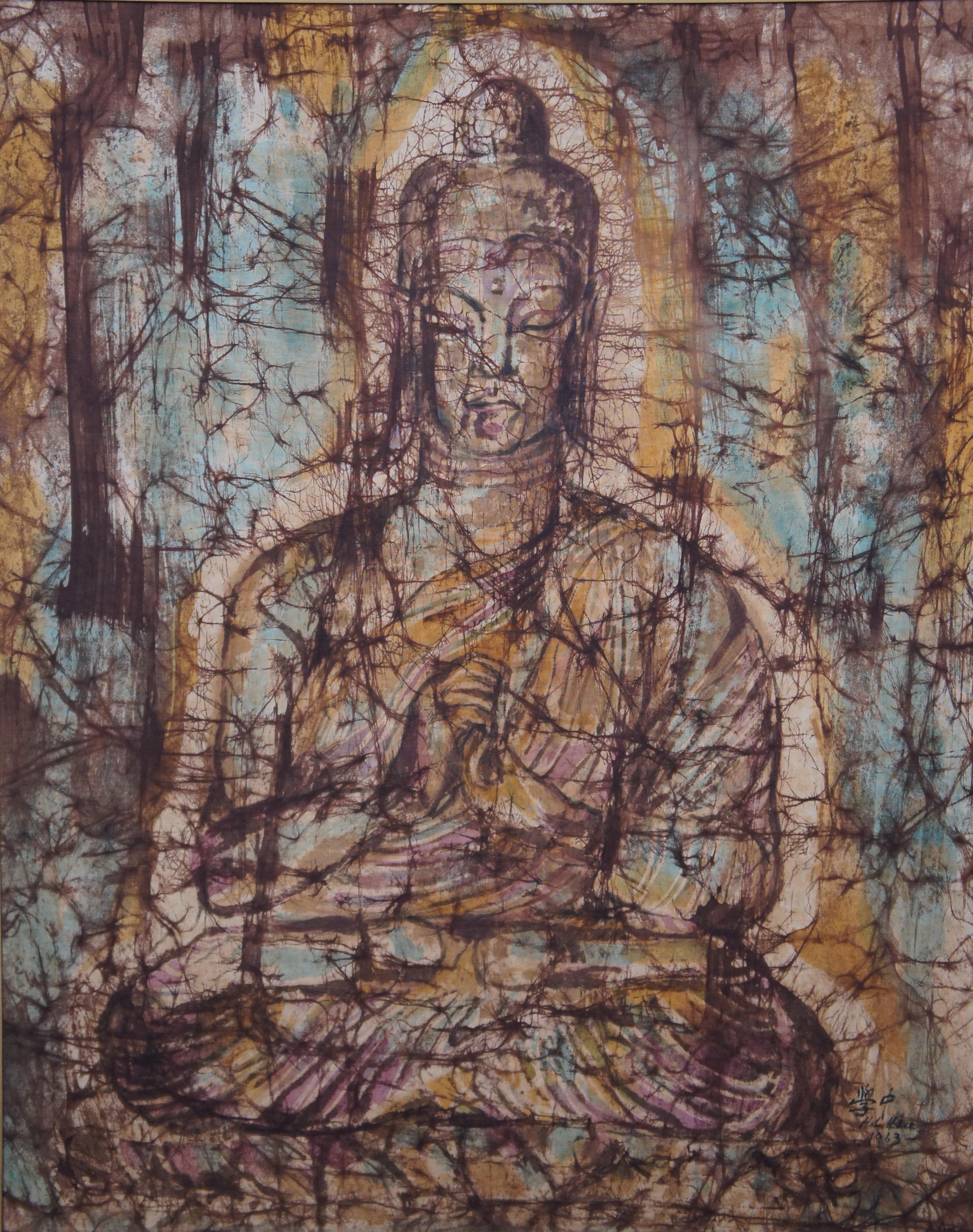 1963 Sitting Buddha Painting on Silk Burlap Frame Fukazen & Co For Sale 2