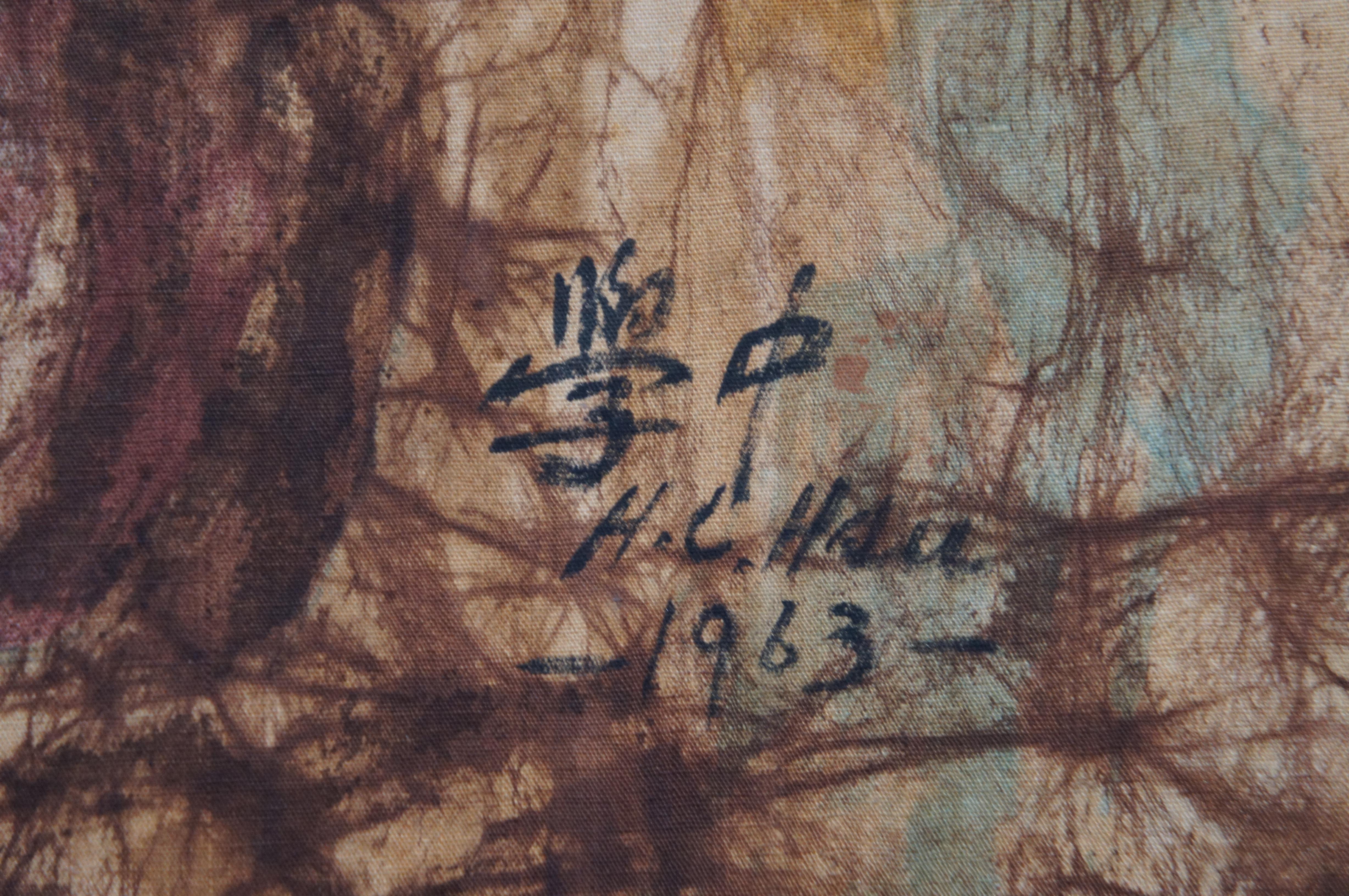 1963 Sitting Buddha Painting on Silk Burlap Frame Fukazen & Co For Sale 3