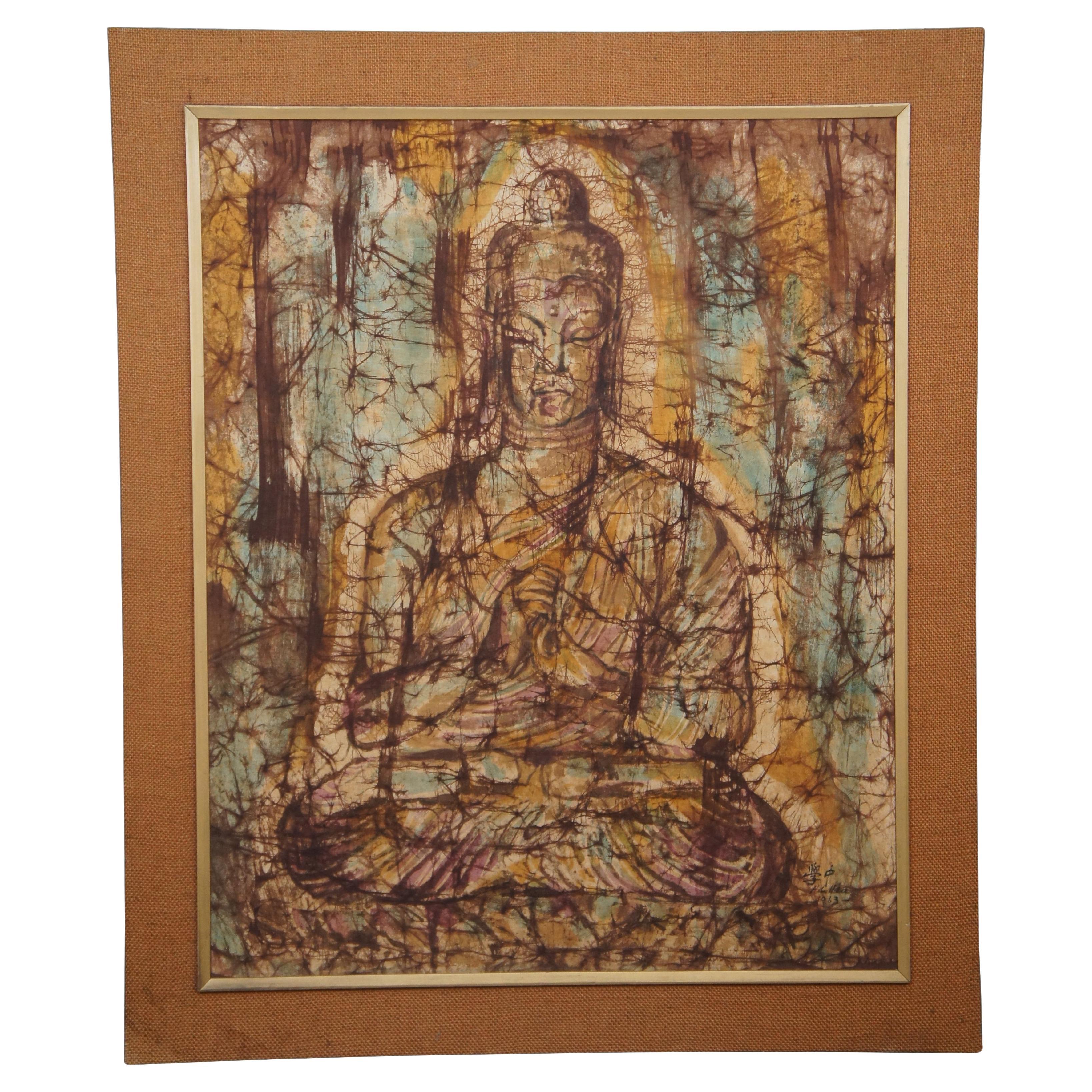 1963 Sitting Buddha Painting on Silk Burlap Frame Fukazen & Co