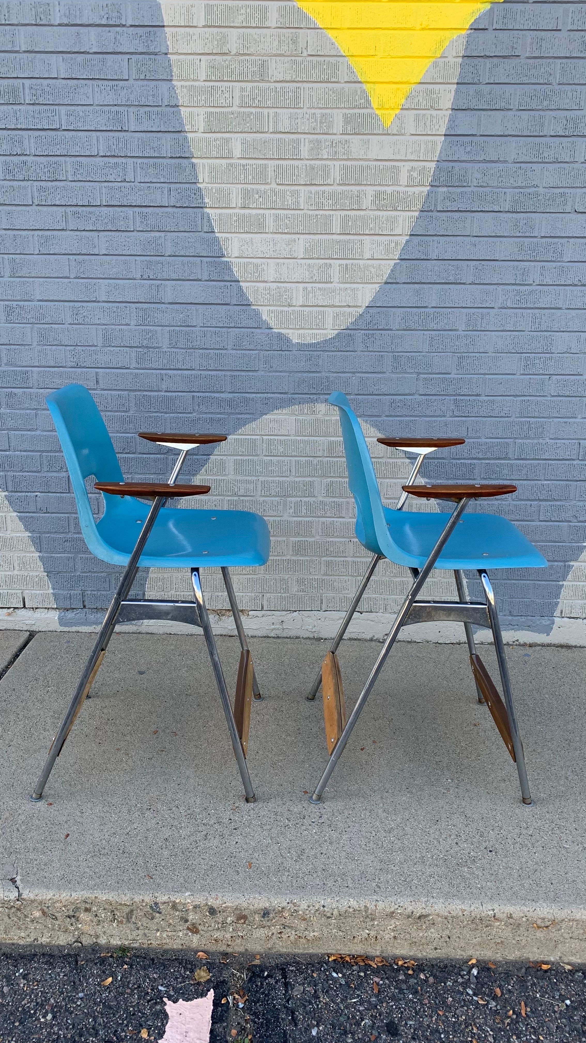 1963 Turquoise Fiberglass Brunswick Stools, pair In Fair Condition For Sale In Wheat Ridge, CO