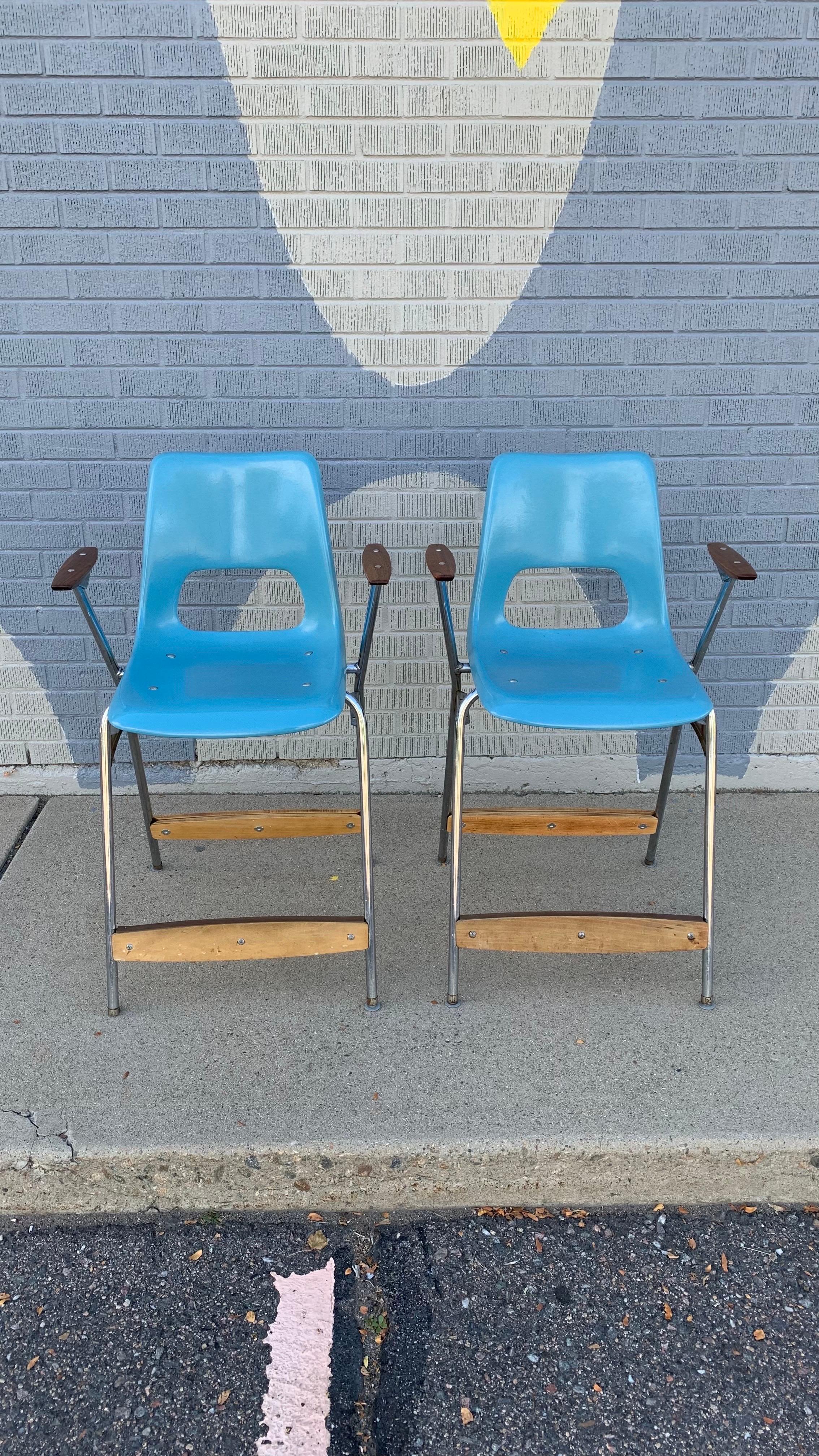 Metal 1963 Turquoise Fiberglass Brunswick Stools, pair For Sale