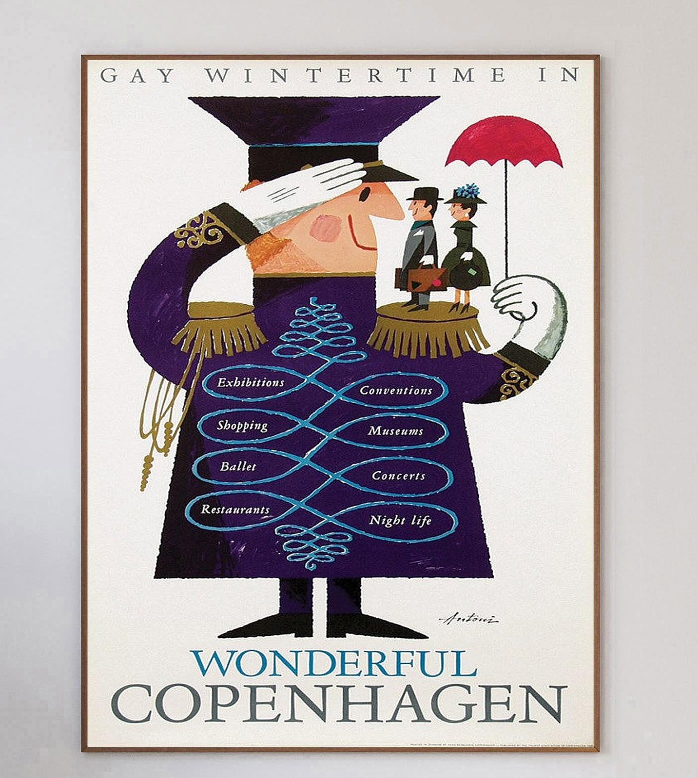 Dieses wunderschöne Plakat wurde 1963 von Vang Rasmussen Copenhagen gedruckt, um den Tourismus in Kopenhagen, Dänemark, oder 