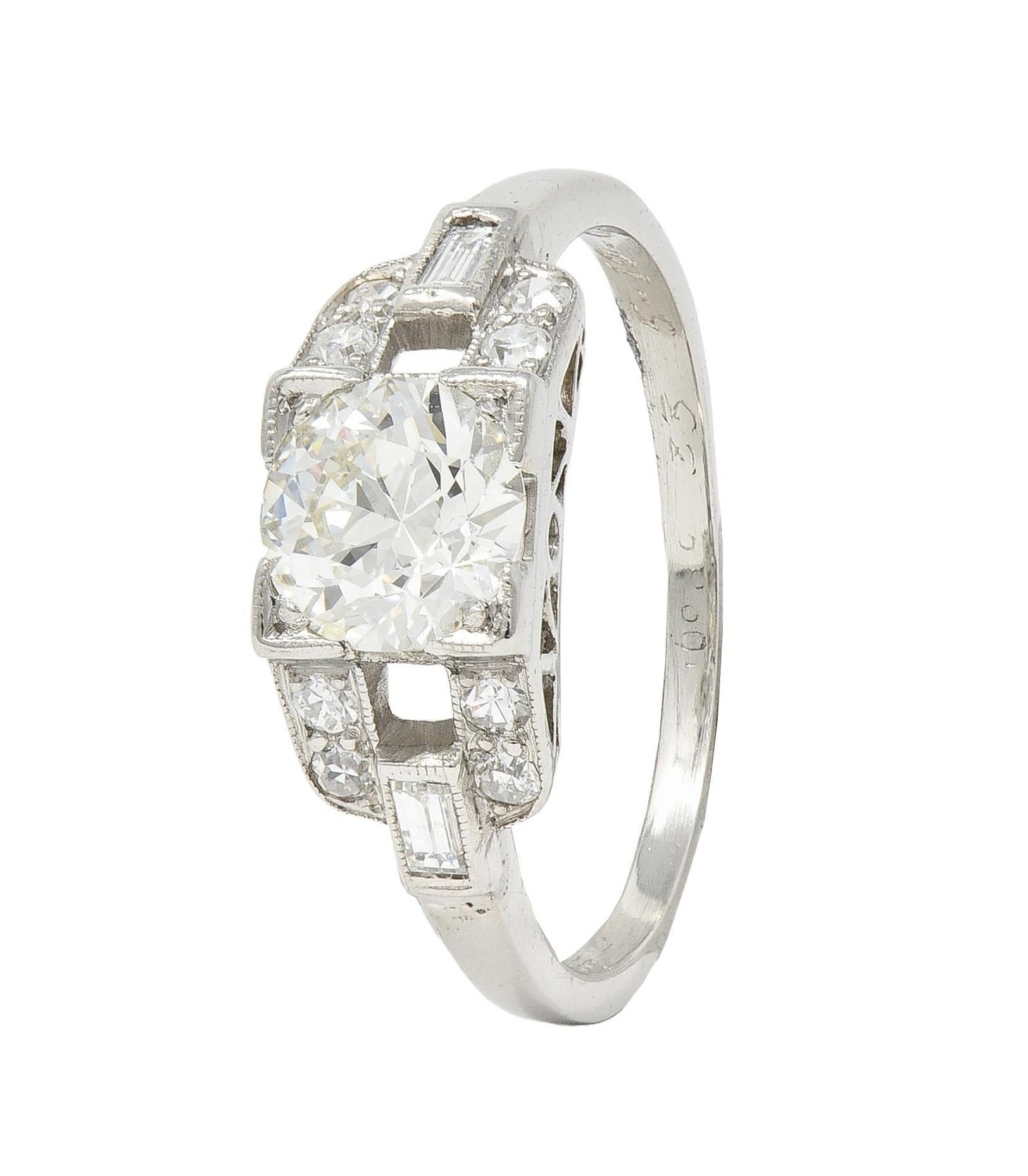1964 1.07 CTW Diamond Platinum Vintage Buckle Engagement Ring For Sale 6