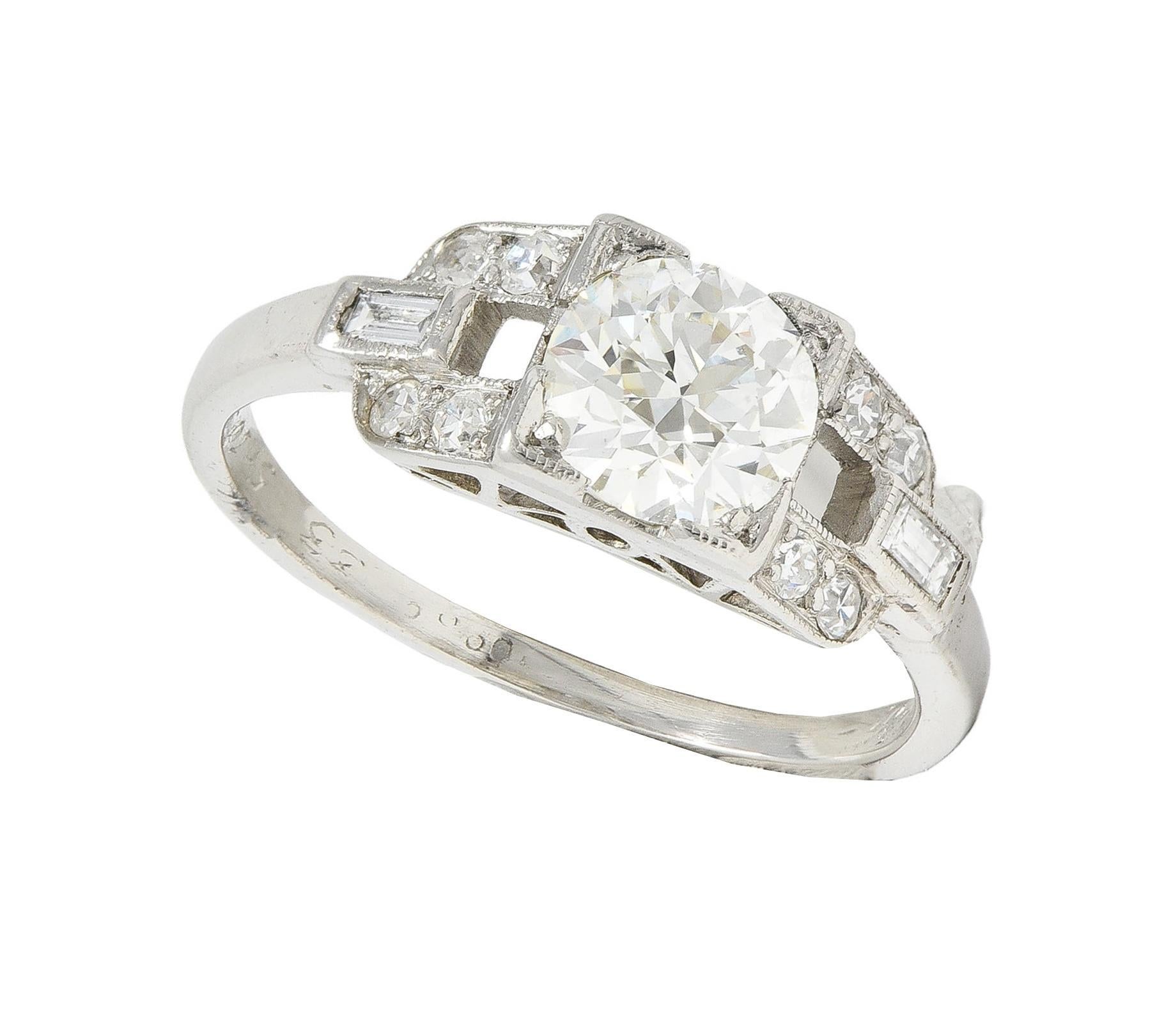 1964 1.07 CTW Diamond Platinum Vintage Buckle Engagement Ring For Sale 8