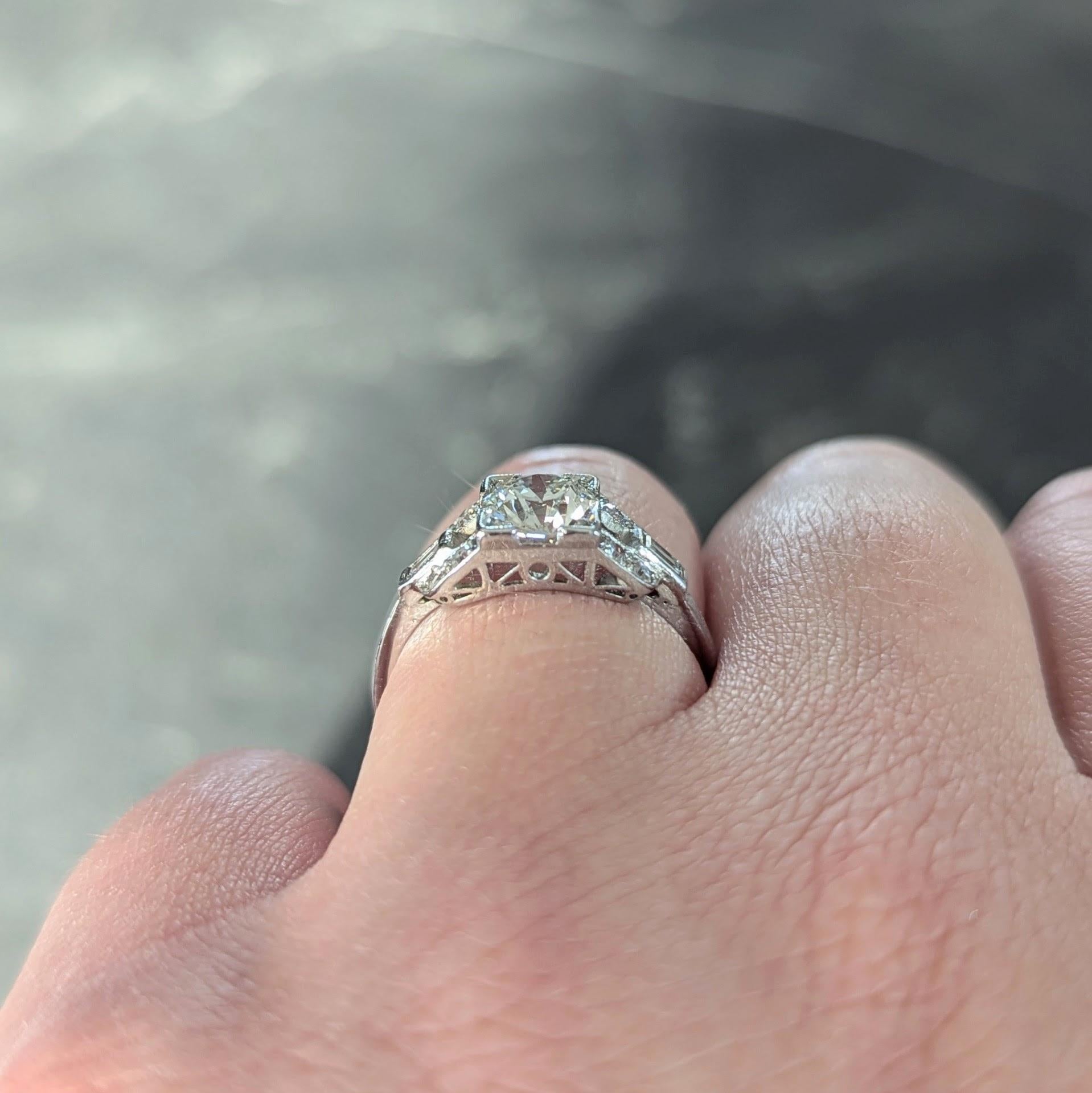 1964 1.07 CTW Diamond Platinum Vintage Buckle Engagement Ring For Sale 9
