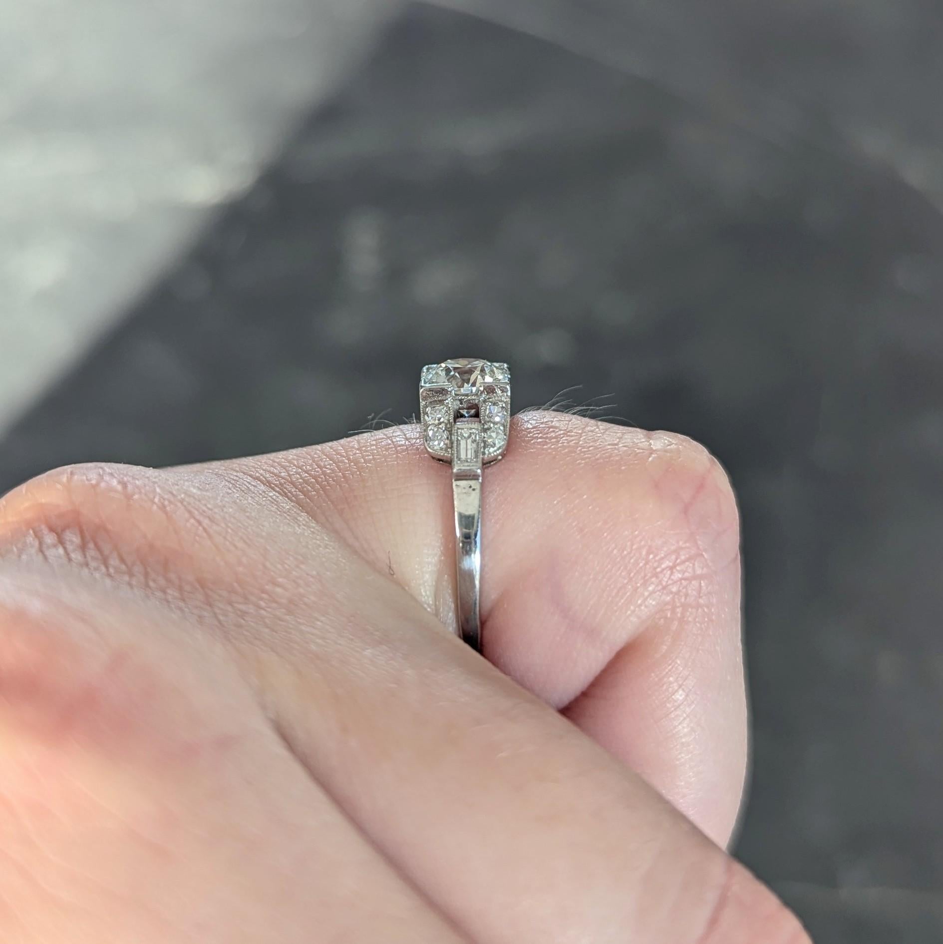 1964 1.07 CTW Diamond Platinum Vintage Buckle Engagement Ring For Sale 10