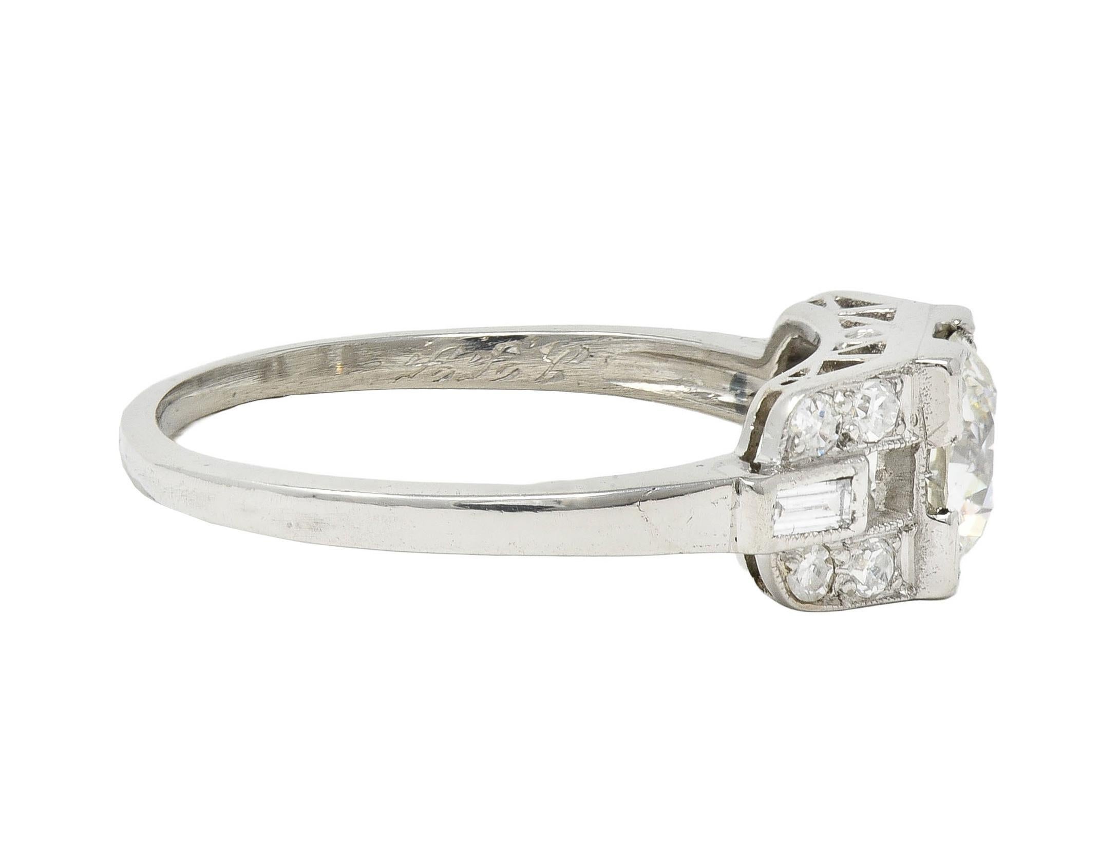 Baguette Cut 1964 1.07 CTW Diamond Platinum Vintage Buckle Engagement Ring For Sale