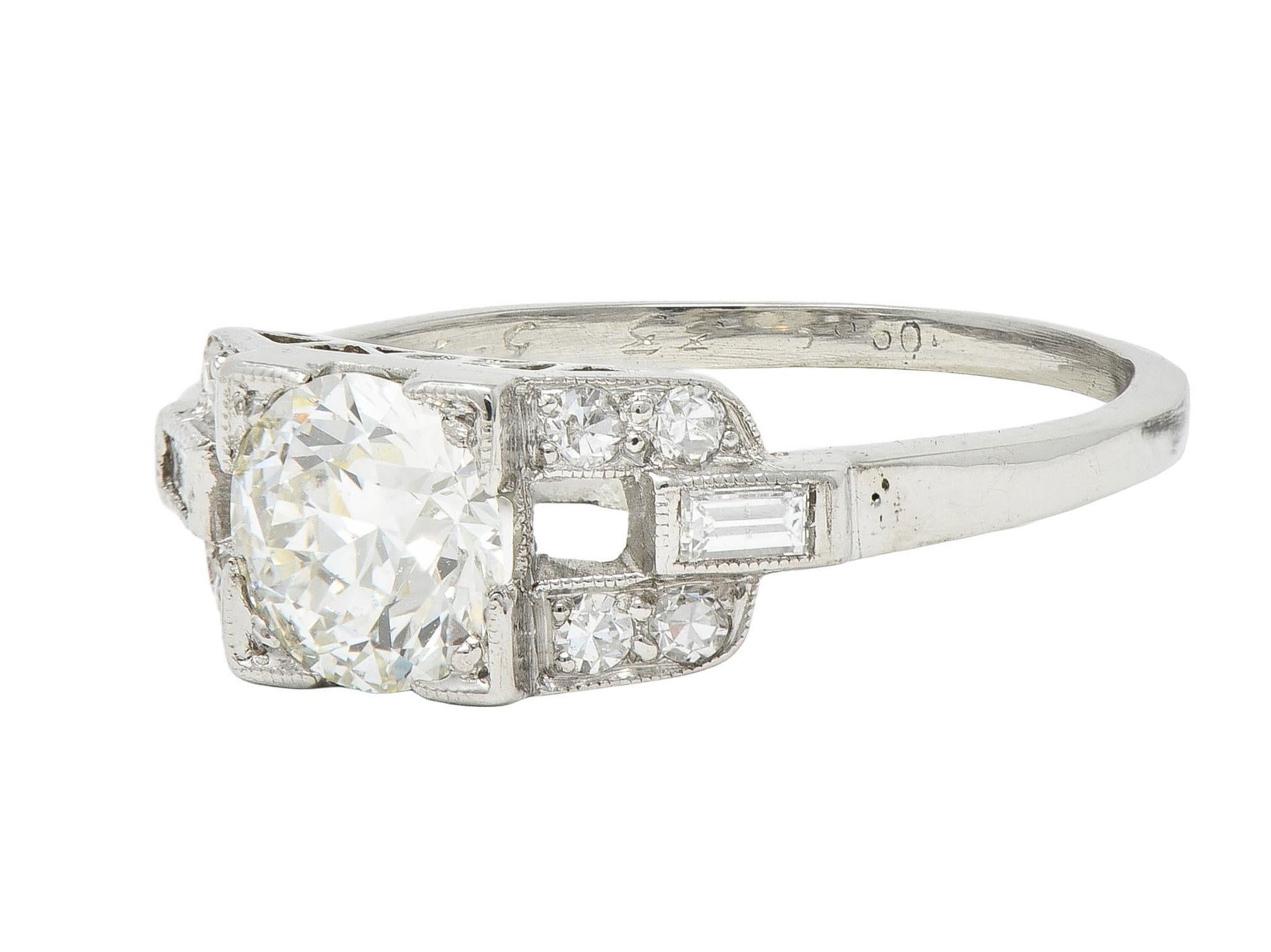 1964 1.07 CTW Diamond Platinum Vintage Buckle Engagement Ring For Sale 2
