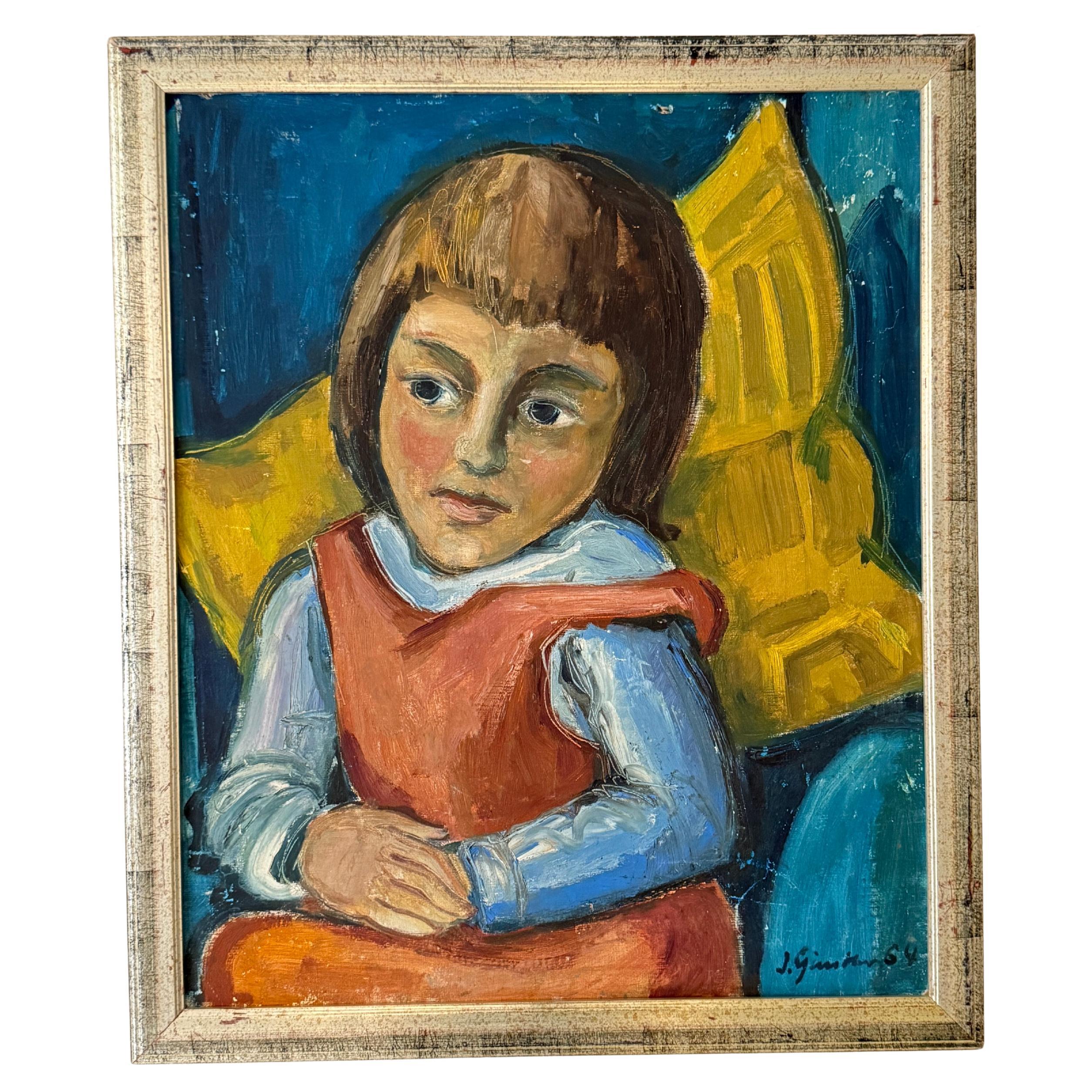 1964 Portrait expressionniste d'une jeune fille  Peinture figurative du milieu du siècle en vente